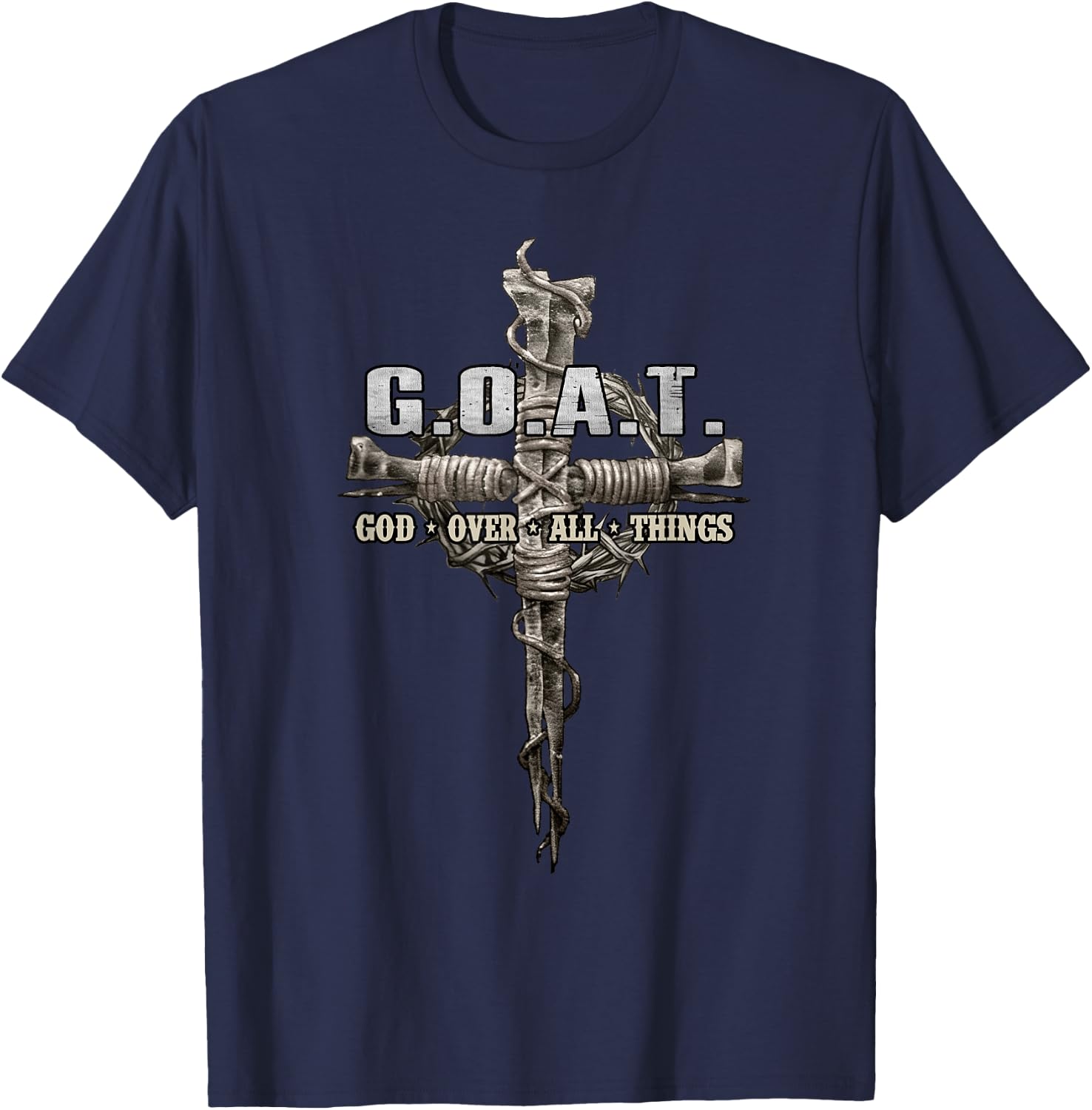 Savitan Shop G.O.A.T. Goat Over All Things Vintage Christ Cross Bible God -Adults Black T-Shirt - T-Shirt | Navy