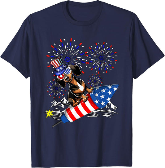 Dachshund Costume 4th Of July Fireworks Patriotic Lover Kids T-Shirt - T-Shirt | Navy