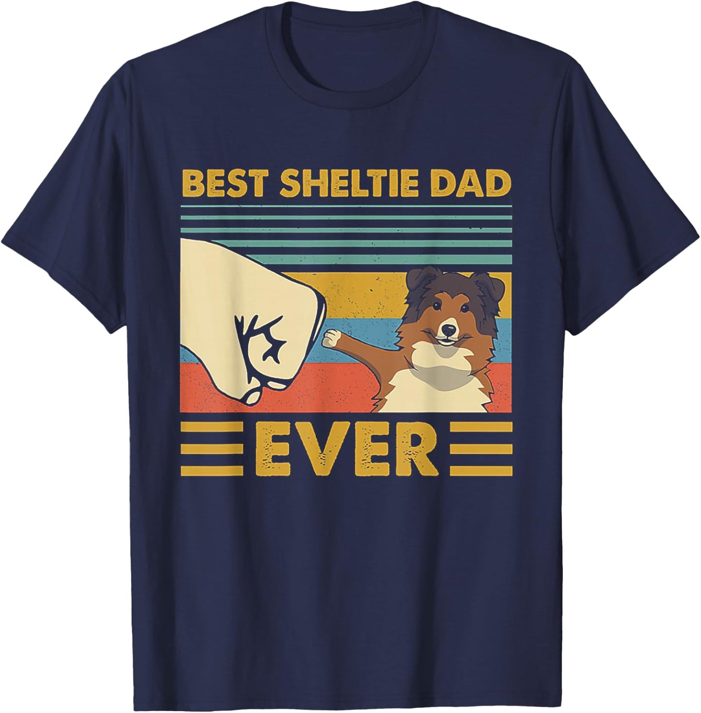 Best Sheltie Dad Ever Retro Vintage Sunset T-Shirt - T-Shirt | Navy