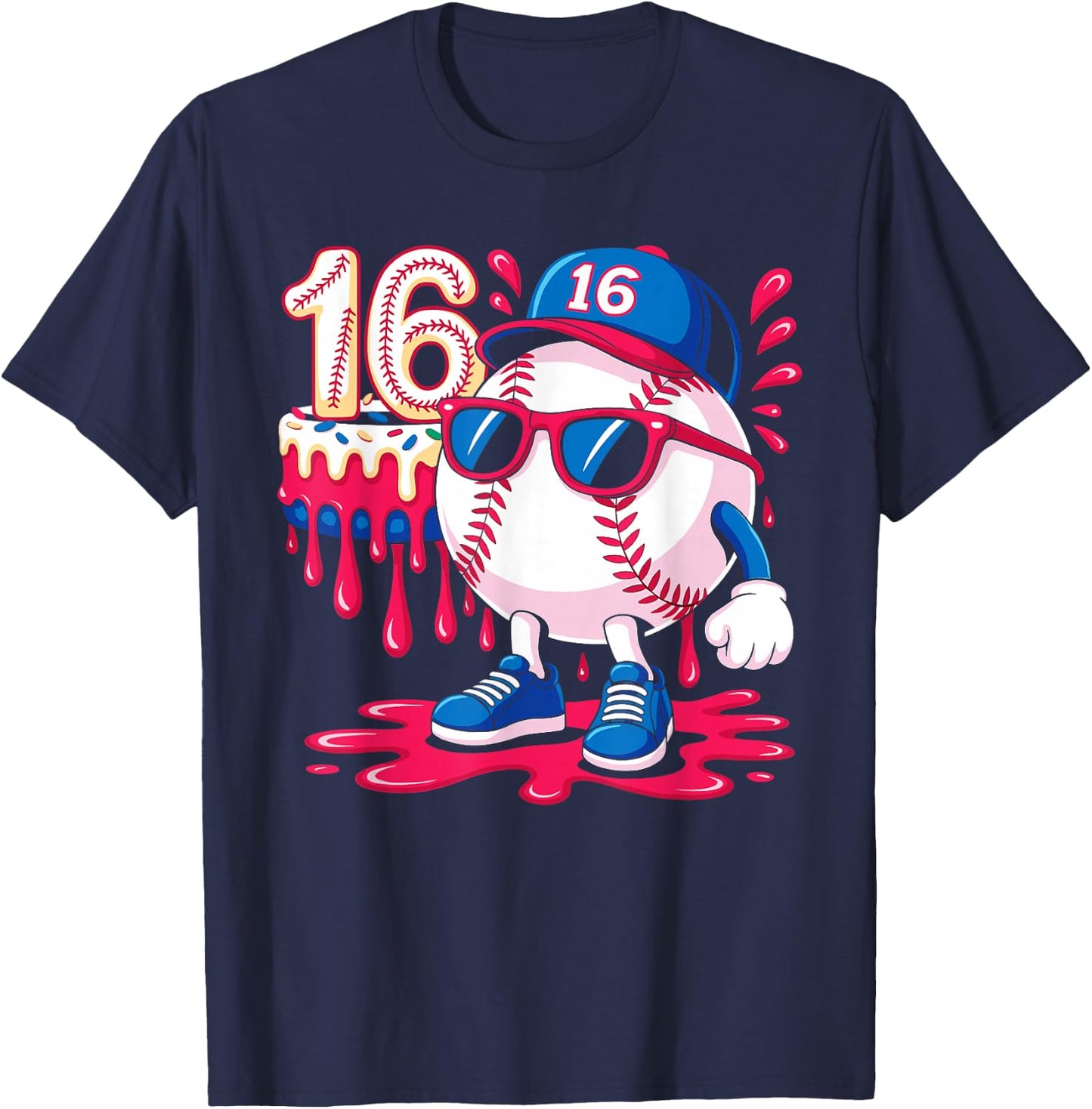 Baseball 16 Year Old Ice Cream Drip 16th Birthday T-Shirt - T-Shirt | Navy