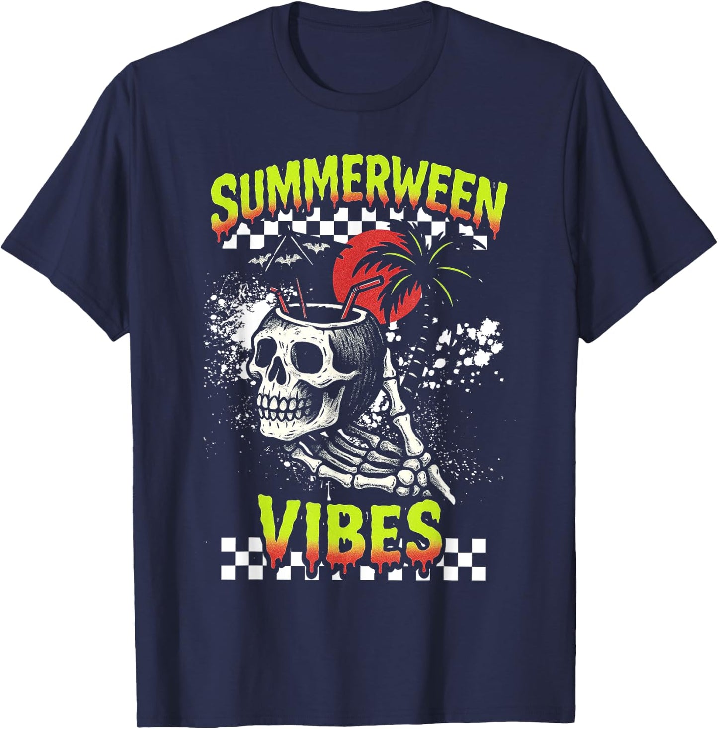Summerween Vibes - Spooky Skull Drink Halloween T-Shirt - T-Shirt | Navy