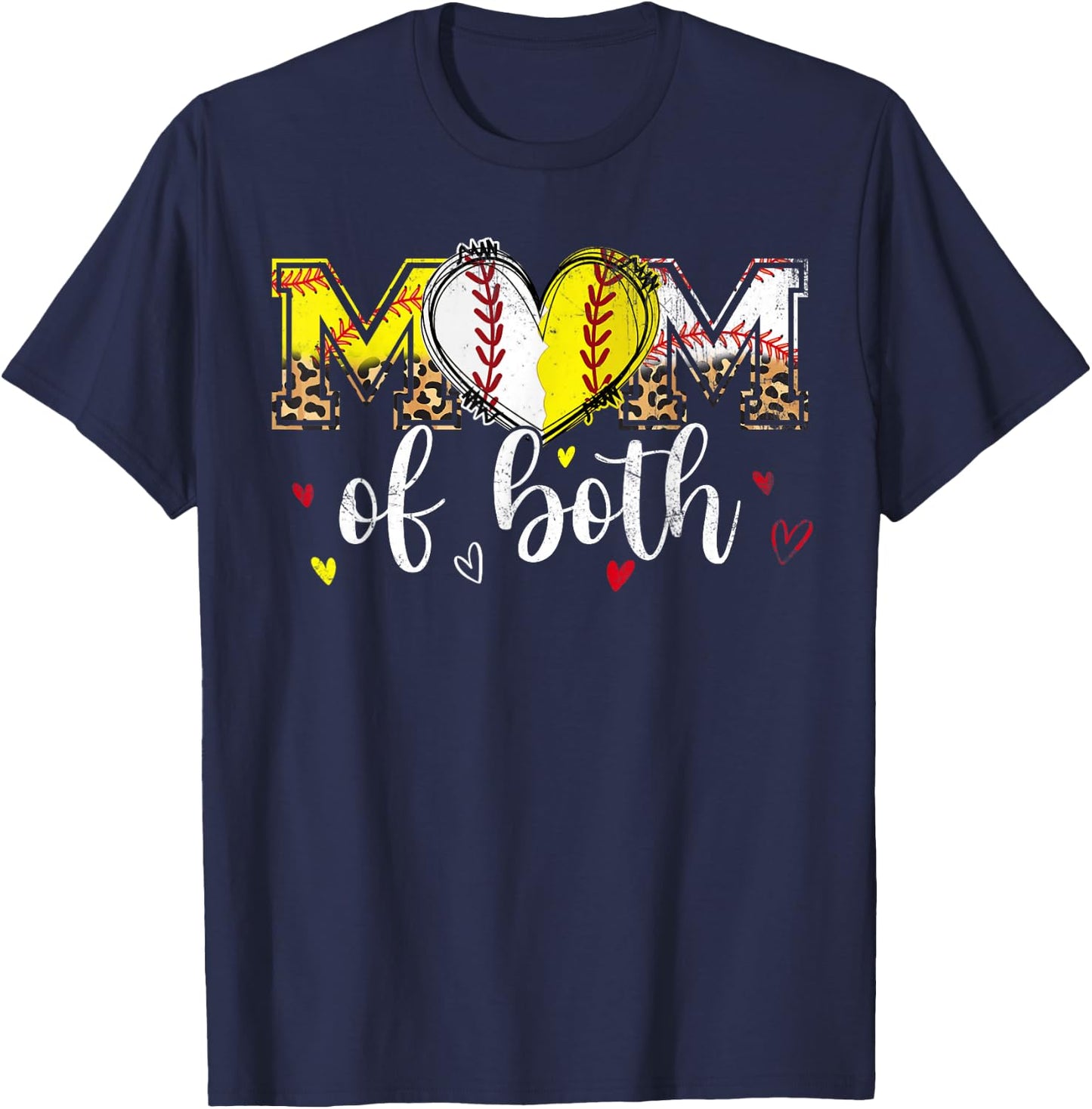 Mom Of Both Baseball Softball Heart Leopard Mothers Day Mama T-Shirt - T-Shirt | Navy