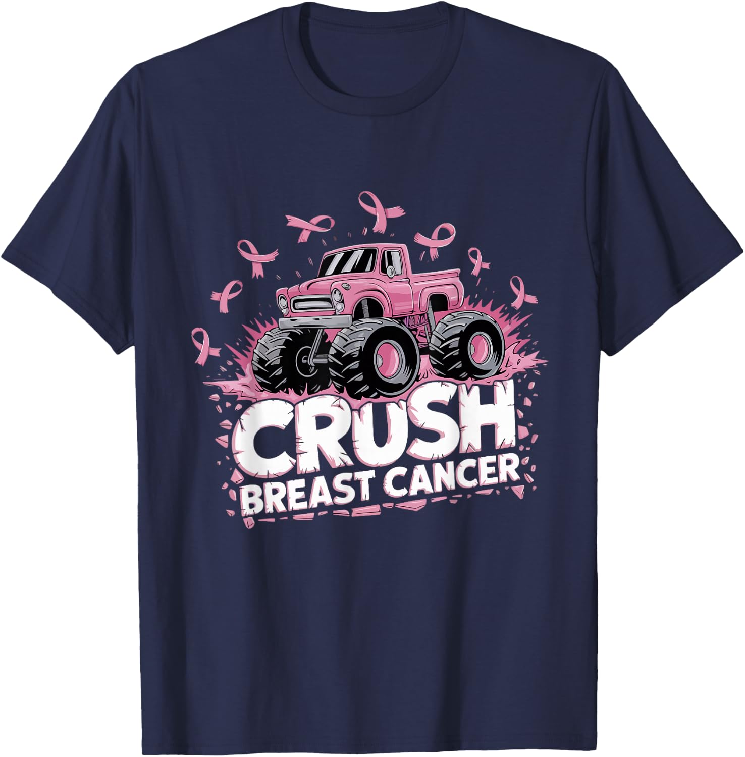 Crush Breast Cancer Pink Ribbon Adult Toddler Monster Truck T-Shirt - T-Shirt | Navy