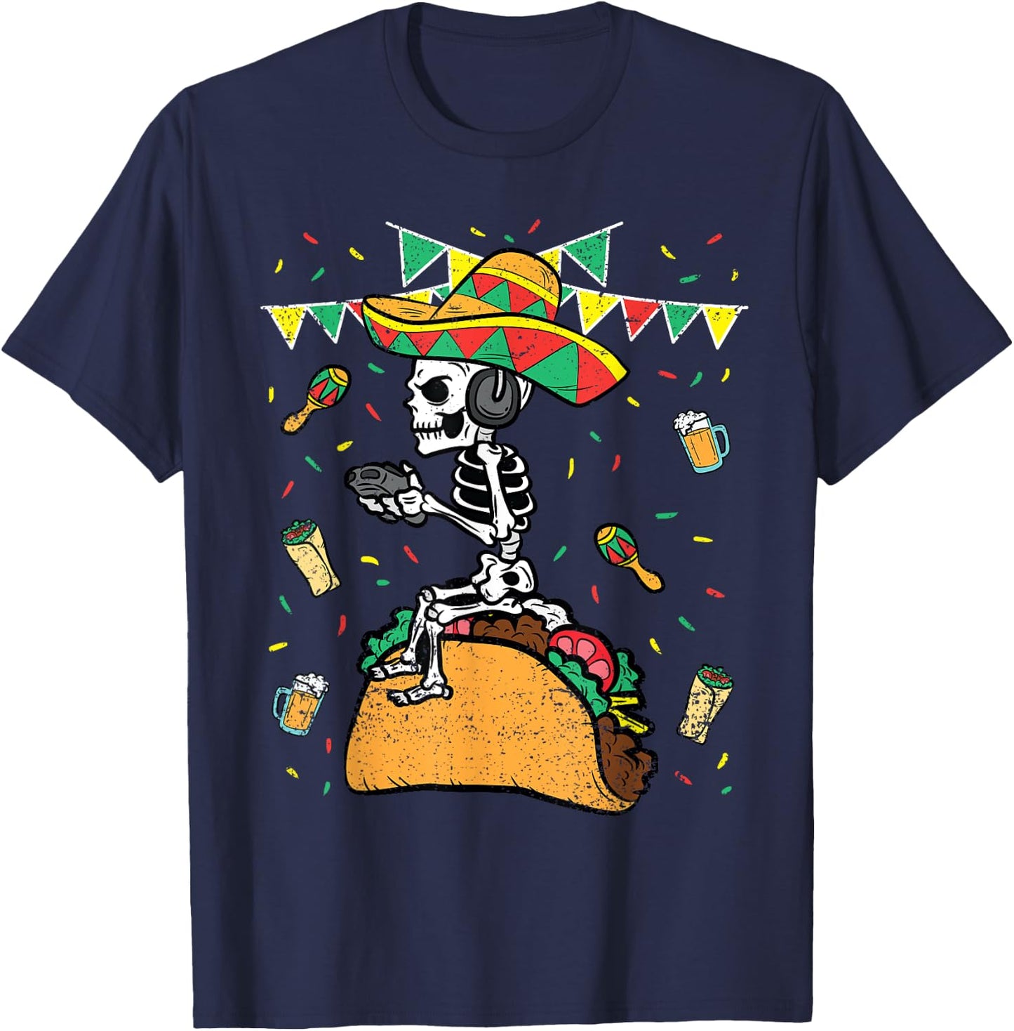 Skeleton Gamer Cinco De Mayo Gaming Taco Mexican Fiesta T-Shirt - T-Shirt | Navy