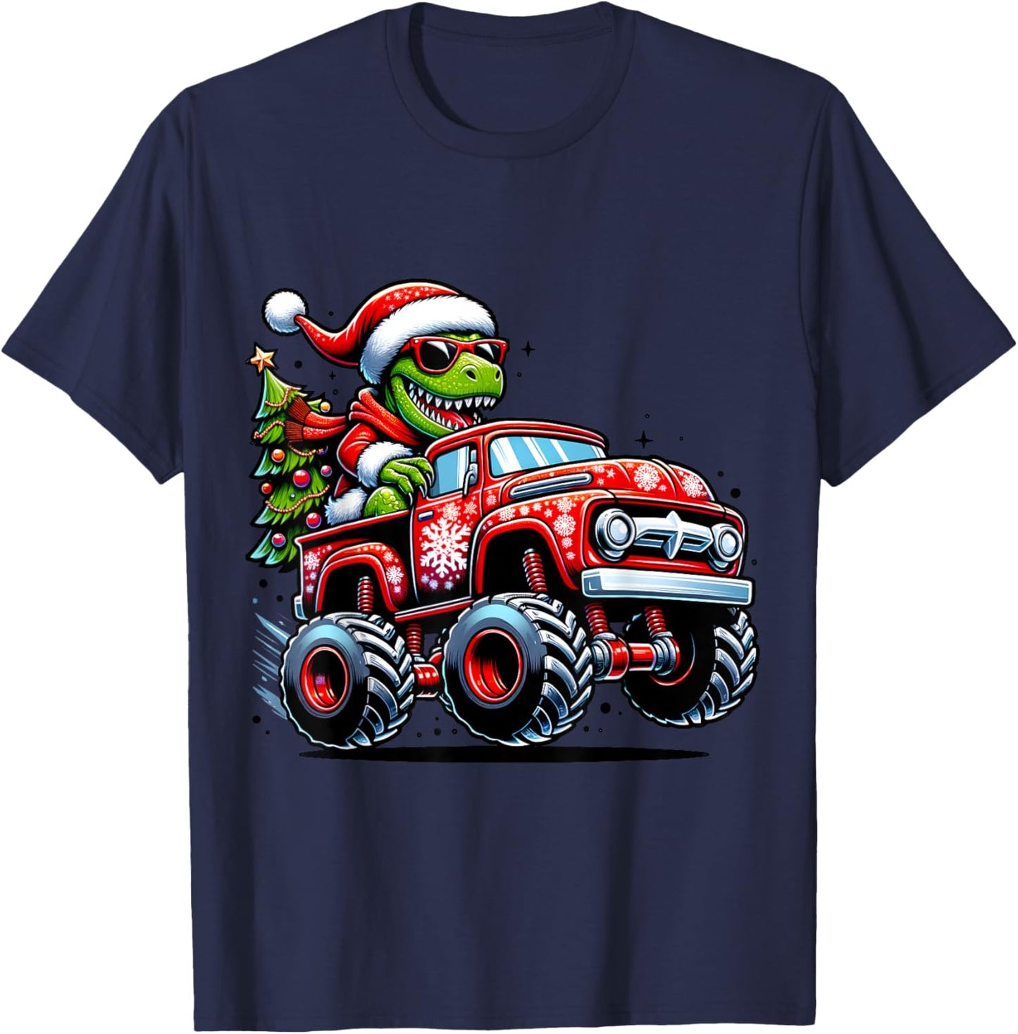 Christmas T Rex Monster Truck Boys Dinosaur Santa Xmas Funny T-Shirt - T-Shirt | Navy