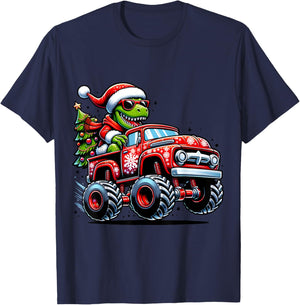 Christmas T Rex Monster Truck Boys Dinosaur Santa Xmas Funny T-Shirt - T-Shirt | Navy