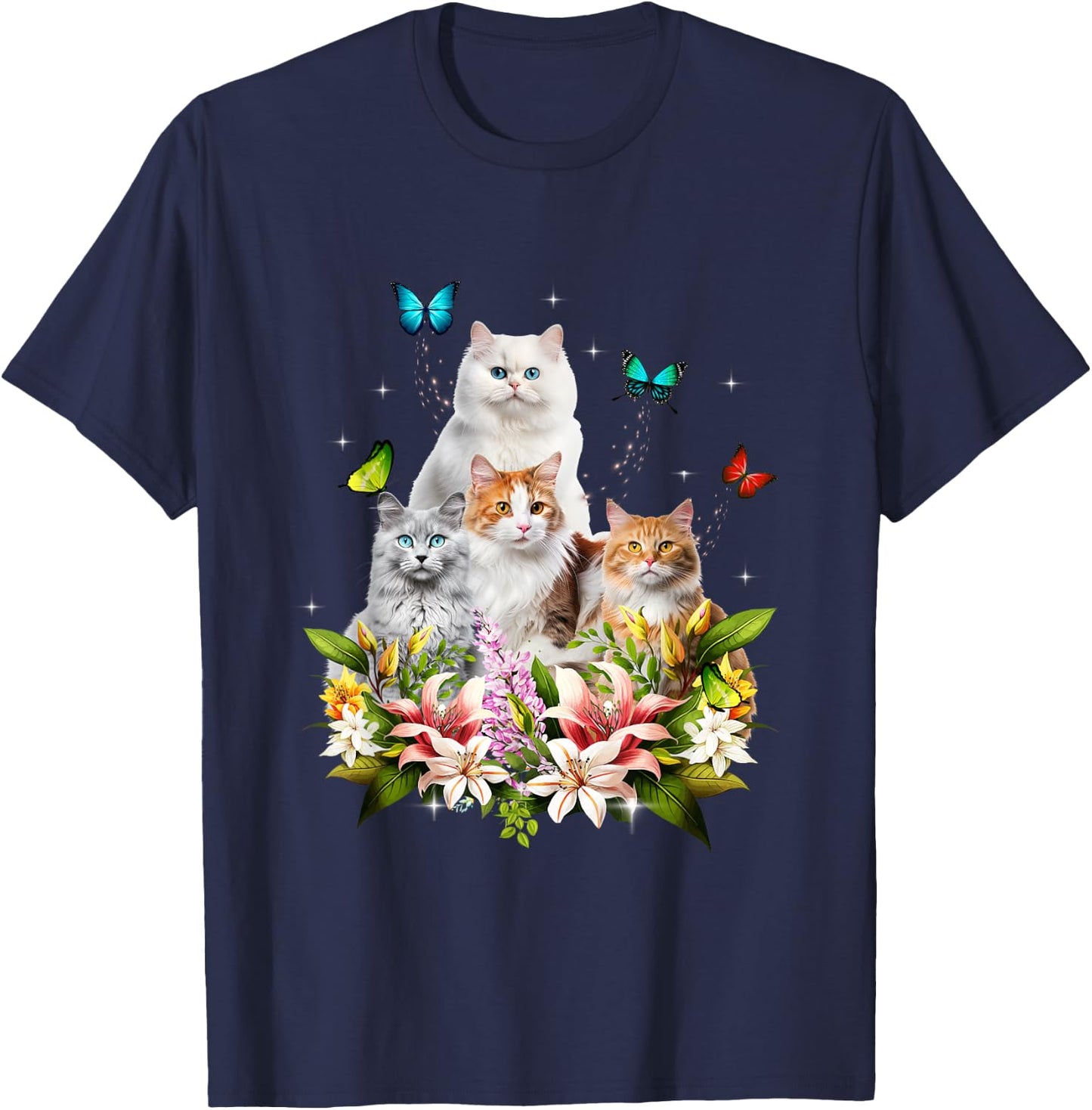 Kitten Lover Cute Cat Flower Butterfly Kitten Pet Animal T-Shirt - T-Shirt | Navy