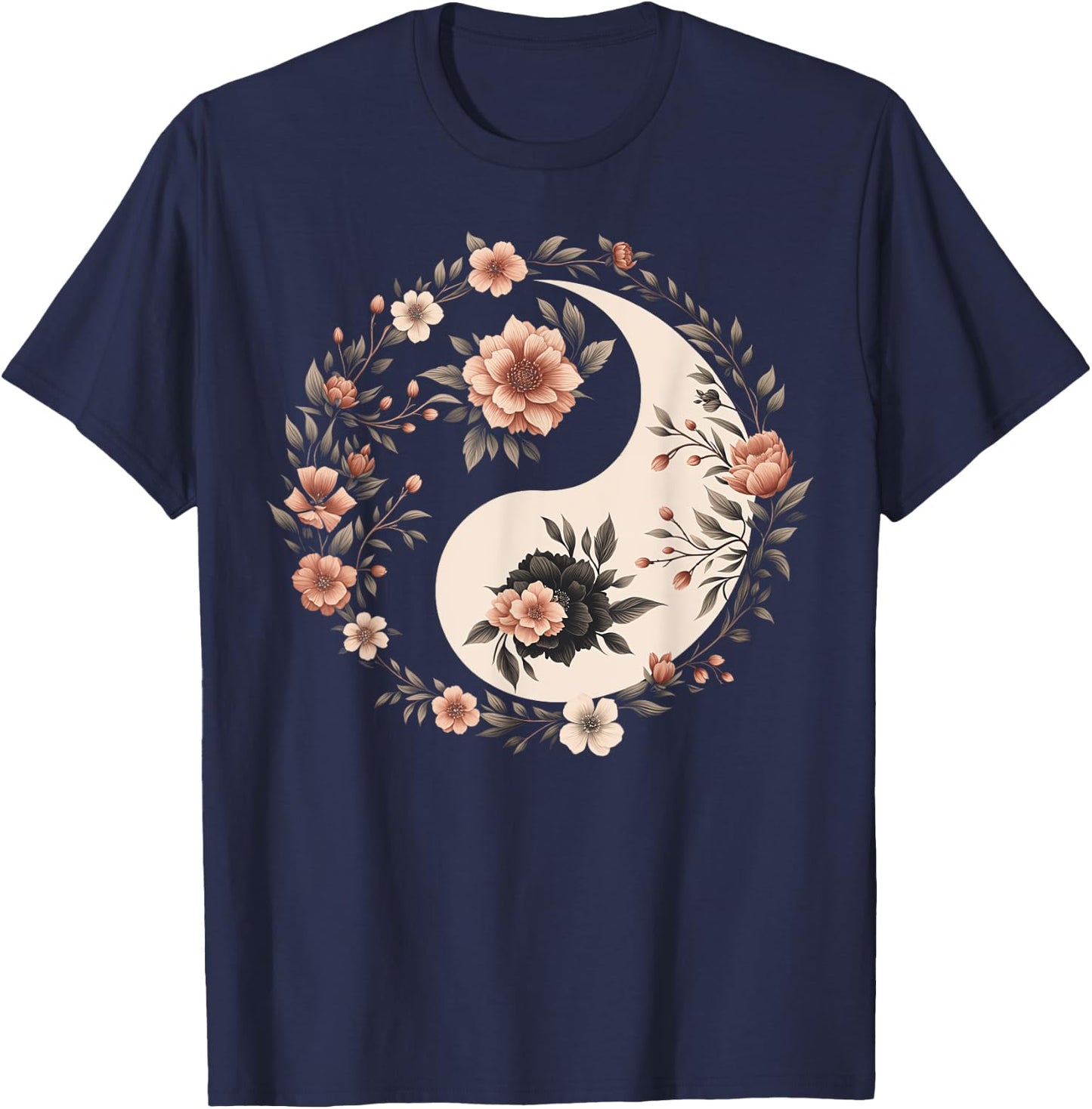 Cool Yin and Yang Symbol Floral Art Style Men Women T-Shirt - T-Shirt | Navy