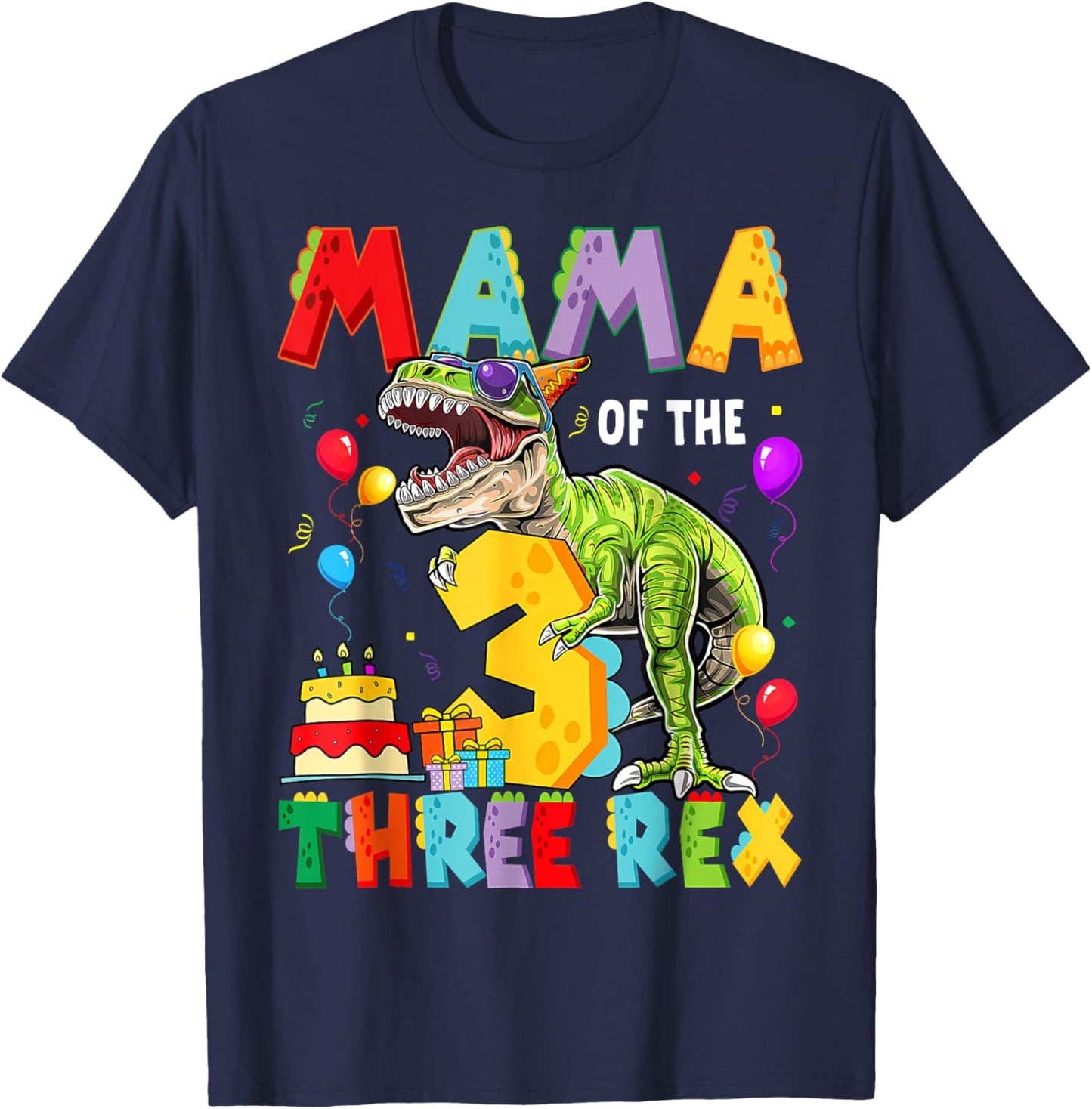 Mama Of The Three Rex 3Rd Birthday Boy Dinosaur T-Rex T-Shirt - T-Shirt | Navy