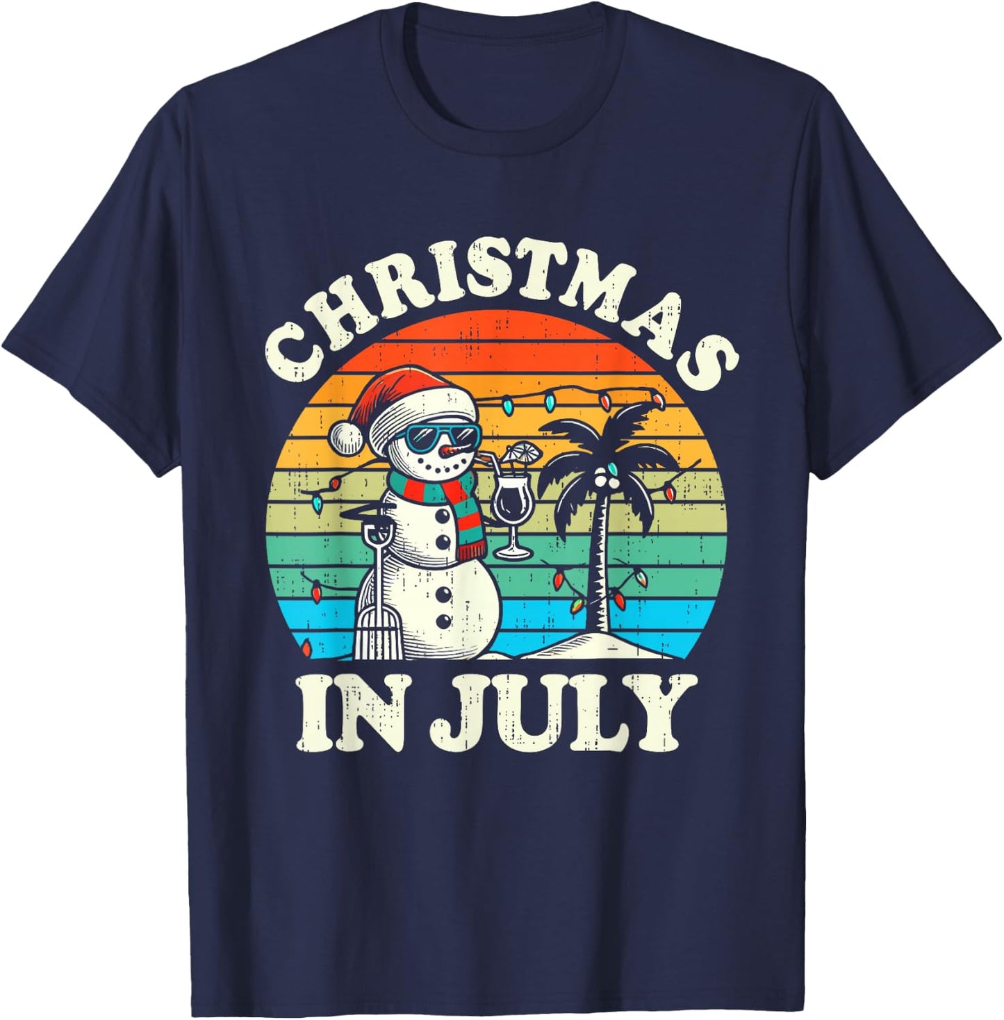 Vintage Christmas in July Snowman Summer Beach Vacation Xmas T-Shirt - T-Shirt | Navy