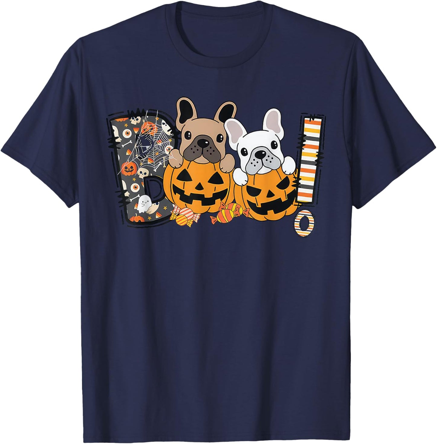 Boo French Bulldog Pumpkin Candy Dog Puppy Halloween Costume T-Shirt - T-Shirt | Navy