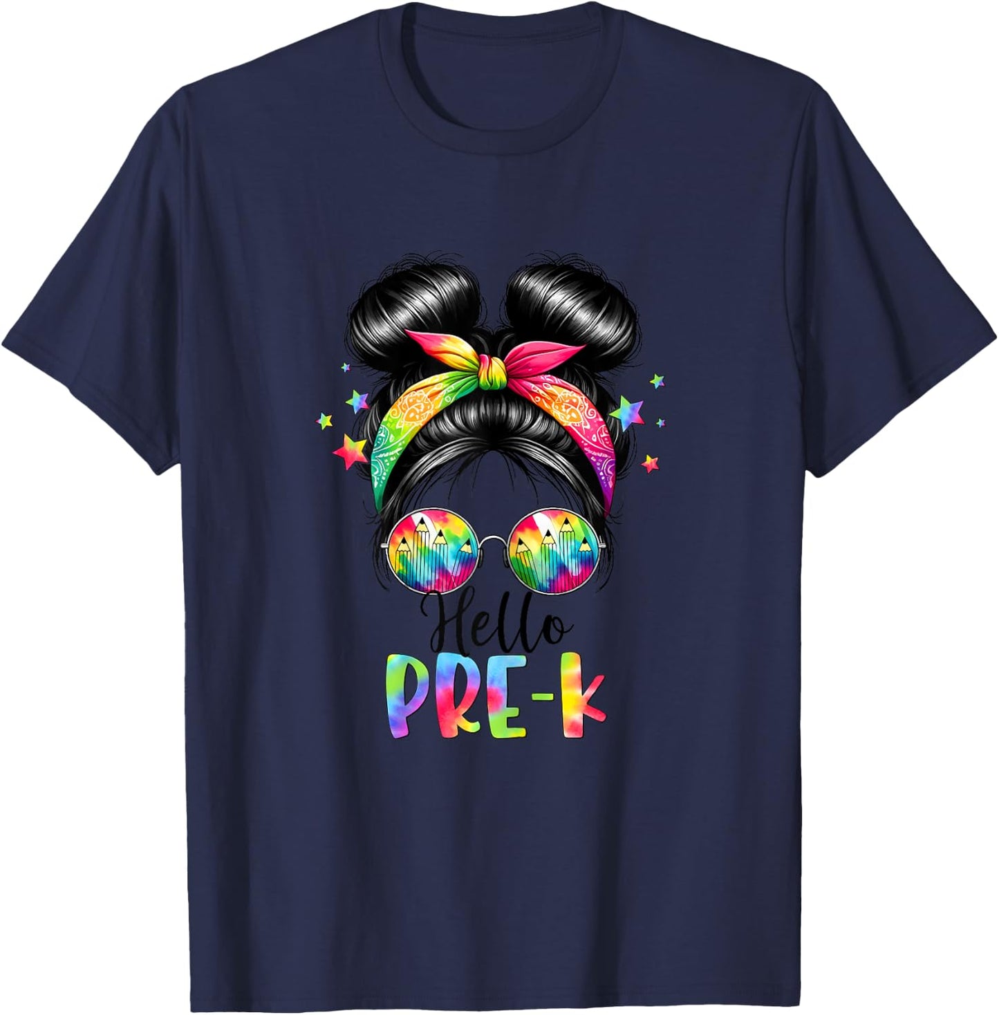 Hello Pre-K Messy Hair Bun Girl Back To School First Day T-Shirt - T-Shirt | Navy