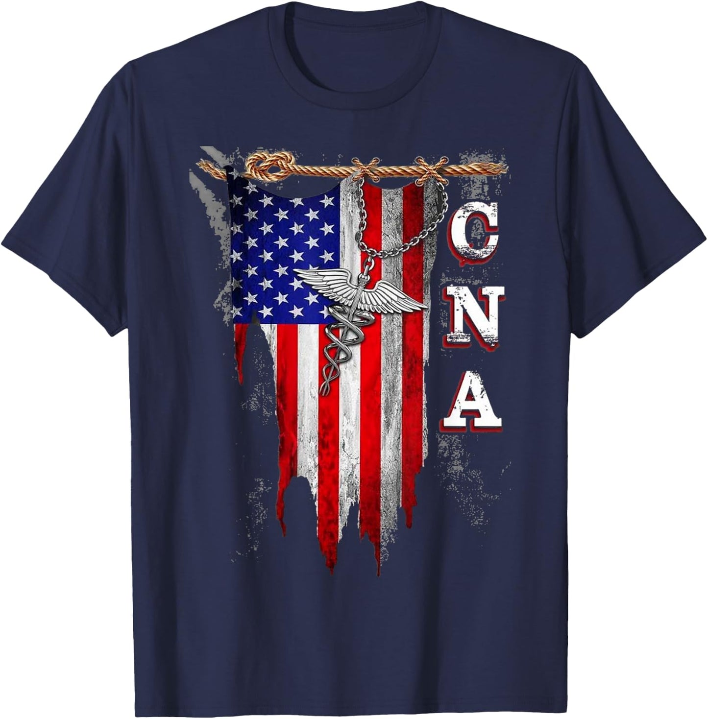 Proud CNA - American Flag Torn - Caduceus T-Shirt - T-Shirt | Navy