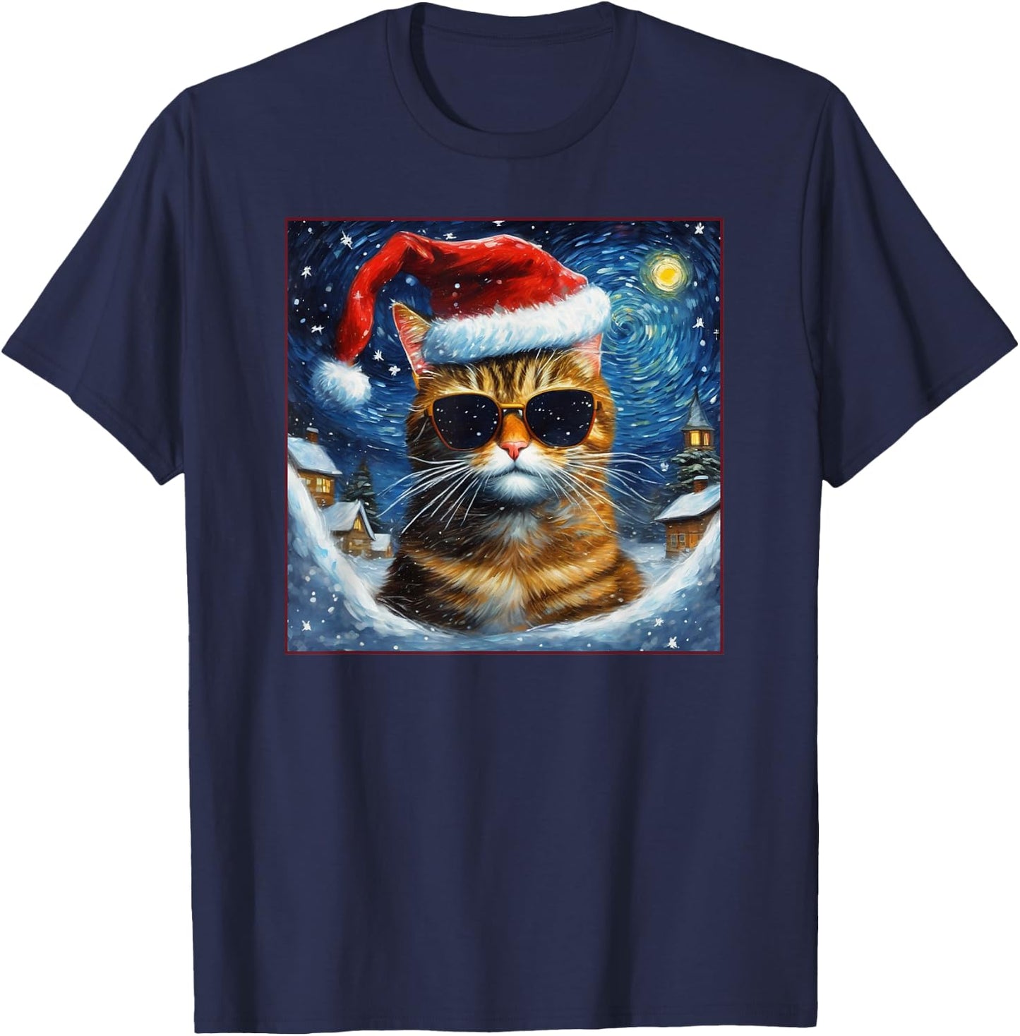 Van Gogh Starry Night Orange Tabby Cat Christmas T-Shirt - T-Shirt | Navy