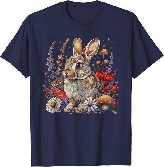 Rabbit Floral Bunny Cottagecore Aesthetic Flowers T-Shirt - T-Shirt | Navy