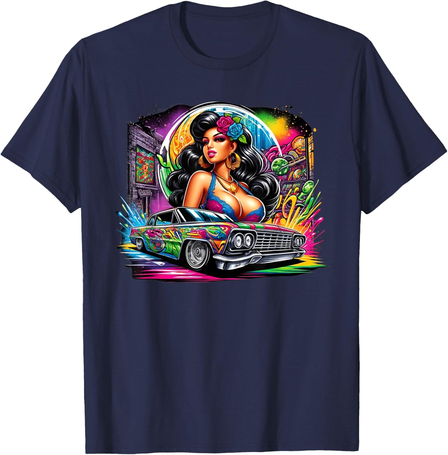 Mexican Street Culture Lowrider Beautiful Latina Graffiti T-Shirt - T-Shirt | Navy