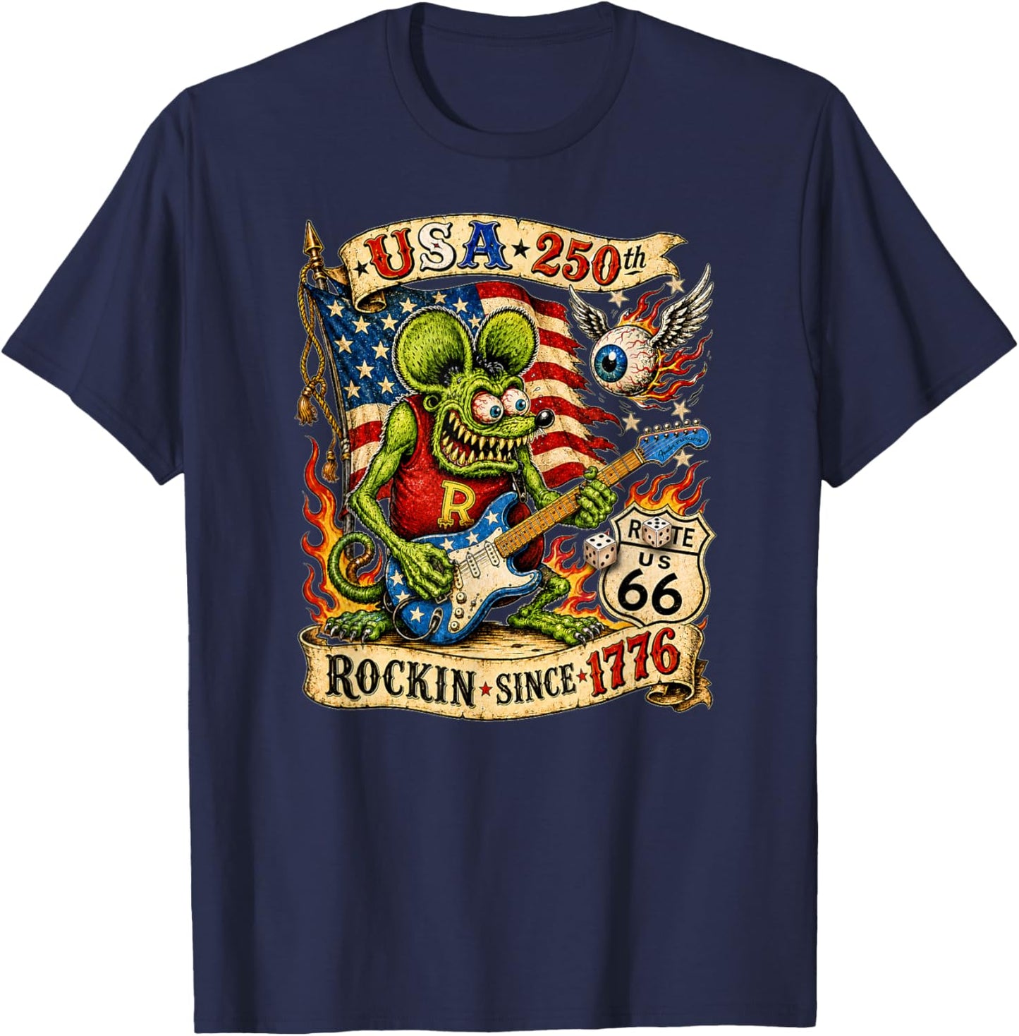 USA 250 Rat Fink Roote Guitar Music Highway 66 Vintage Retro T-Shirt - T-Shirt | Navy