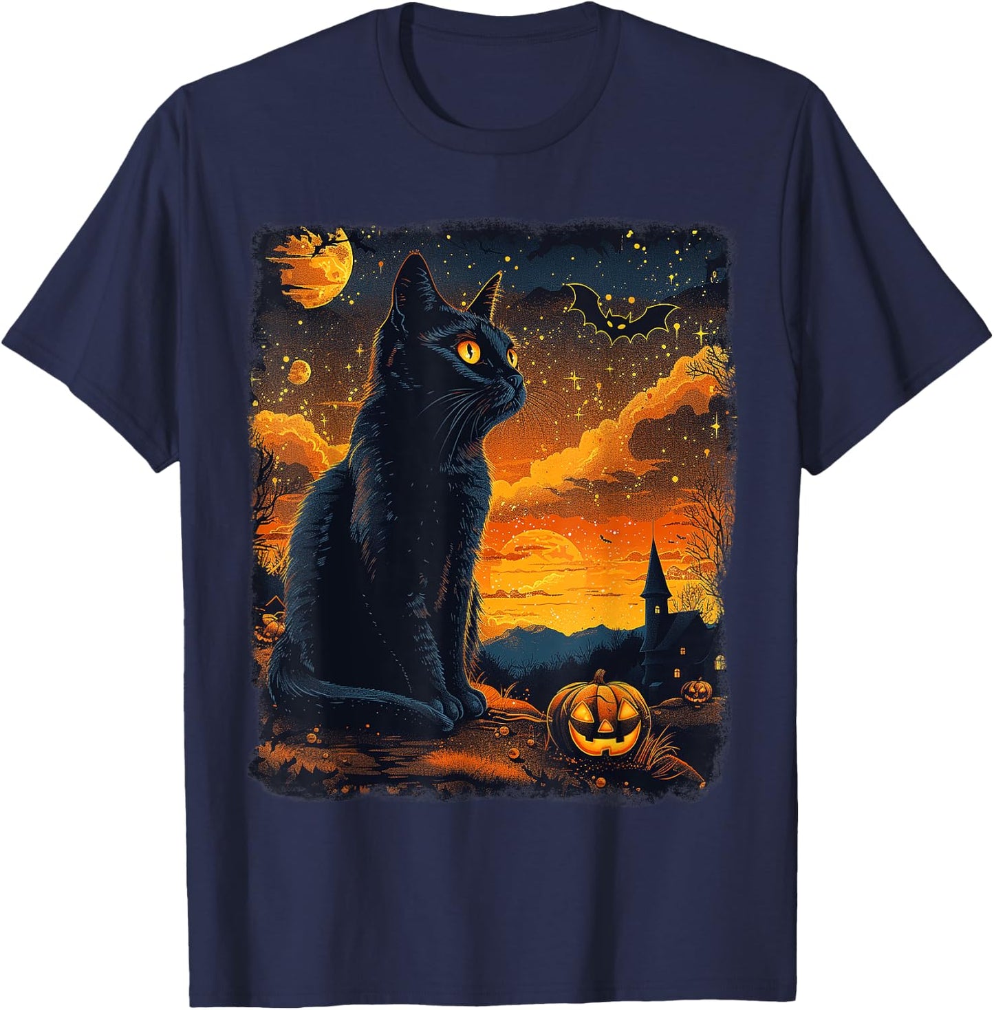 Black Cat Starry Night Van Gogh Pumpkins Bats Halloween Crew T-Shirt - T-Shirt | Navy
