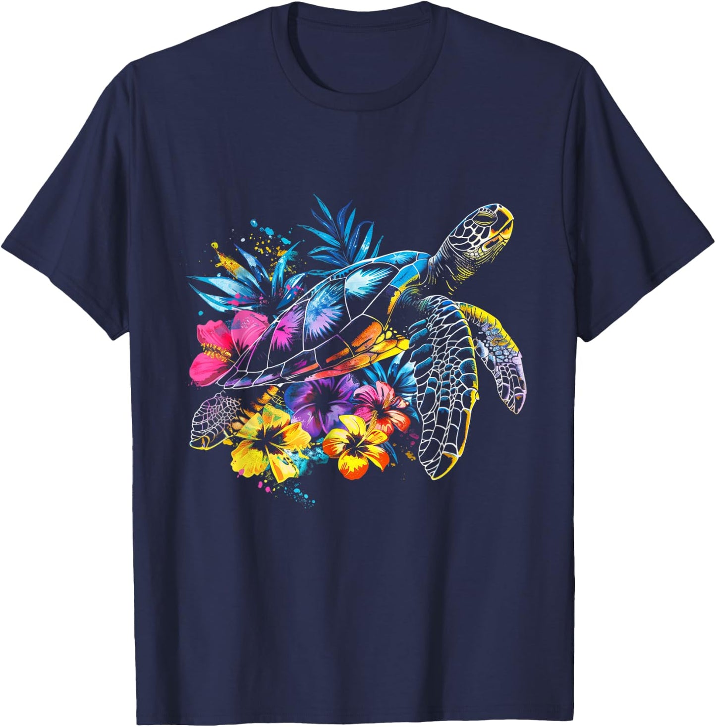Sea Turtle Hawaiian Flowers Hawaii Diver T-Shirt - T-Shirt | Navy
