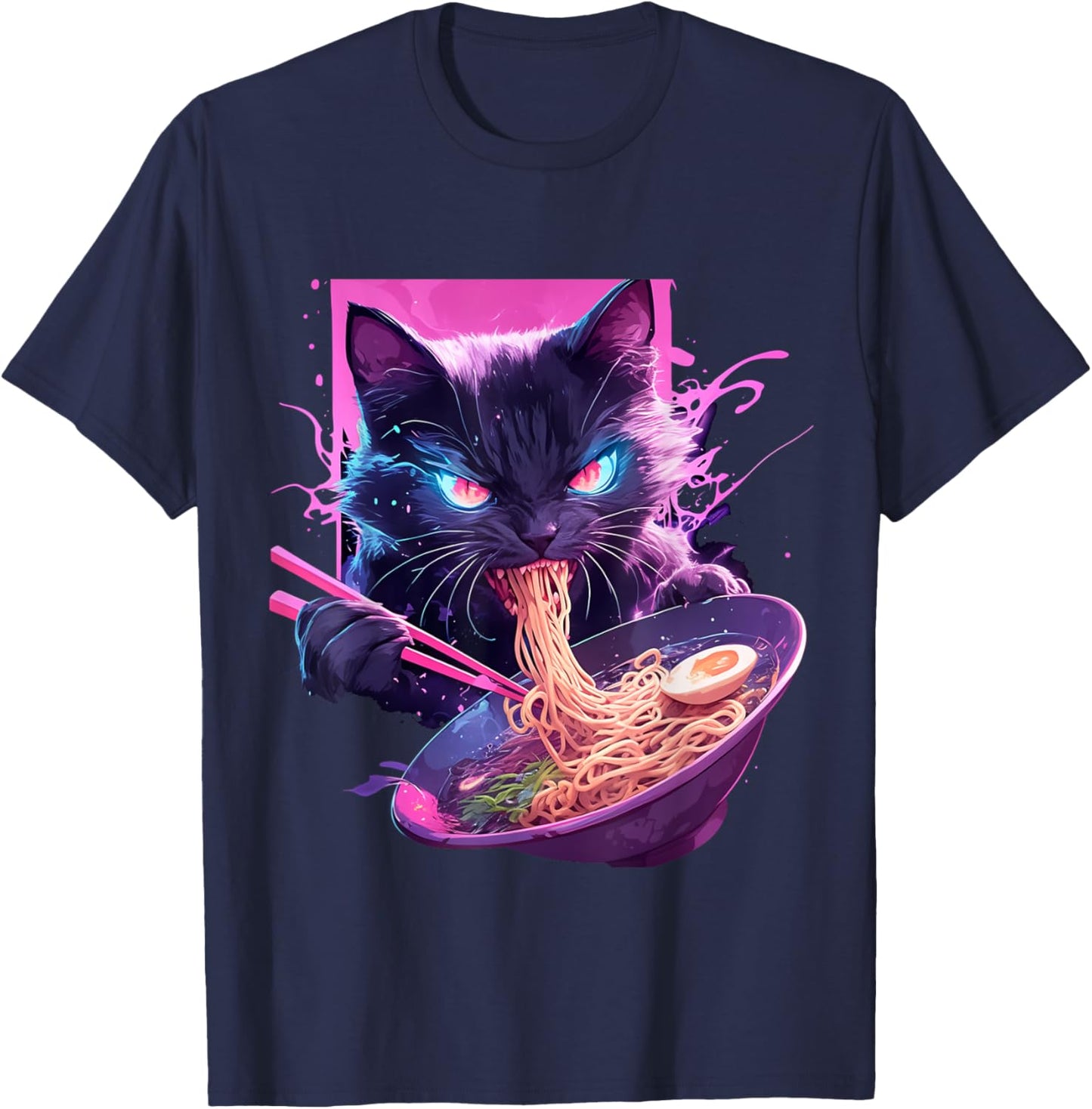 Japanese Art Ramen Cat Ninja Synthwave Style Samurai Cat T-Shirt - T-Shirt | Navy