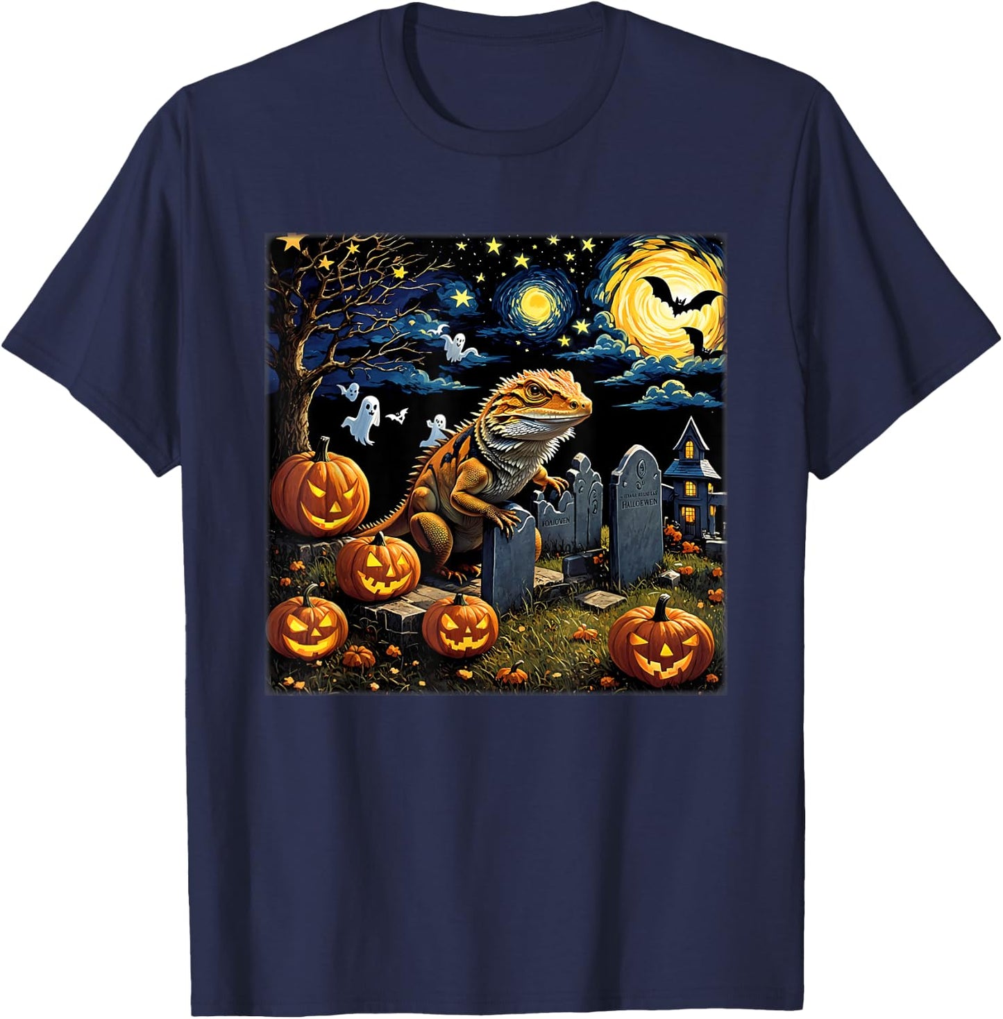 Spooky Halloween Bearded Dragon Starry Night T-Shirt - T-Shirt | Navy