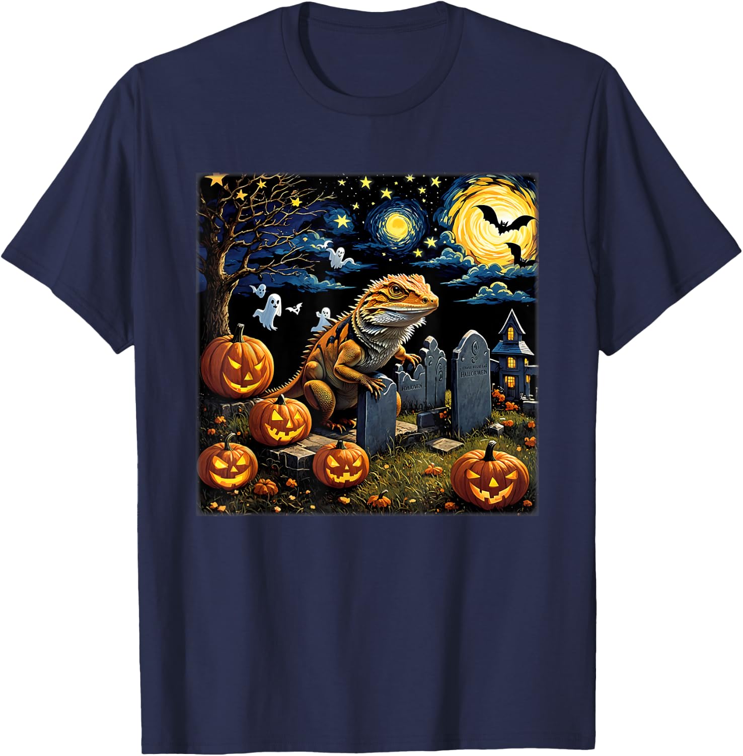Spooky Halloween Bearded Dragon Starry Night T-Shirt - T-Shirt | Navy