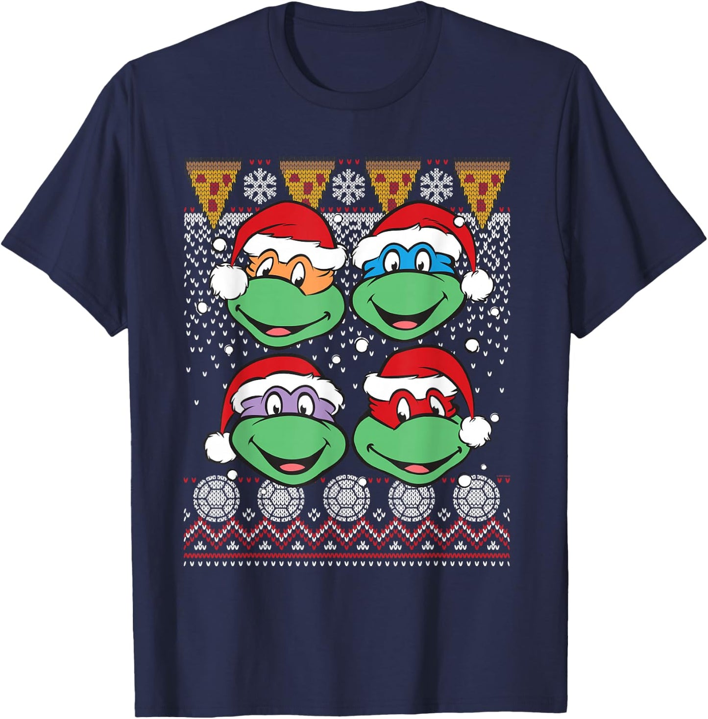 Teenage Mutant Ninja Turtles Ugly Christmas Heads Pizza T-Shirt - T-Shirt | Navy