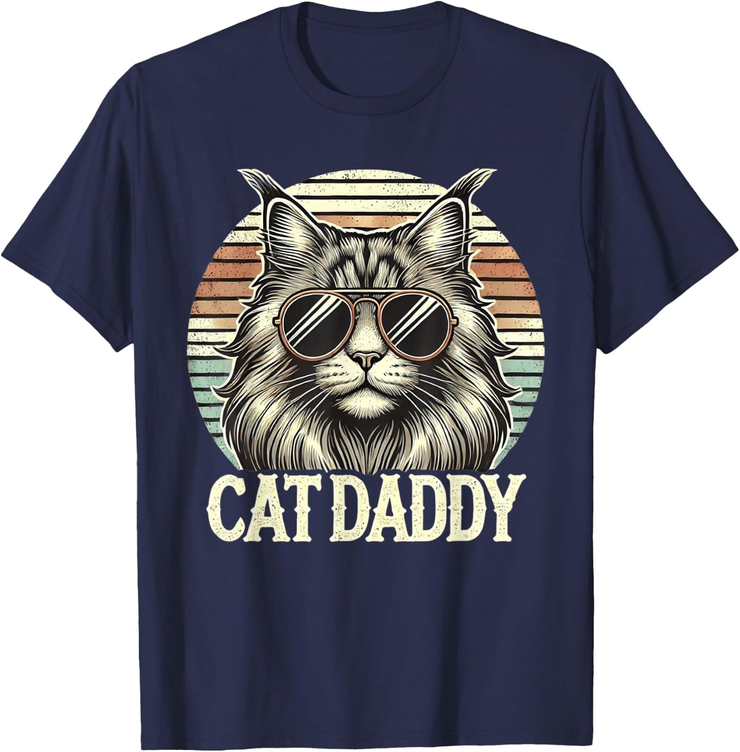 Cat Daddy Cool Maine Coon Cat Father's Day Retro Cat Dad T-Shirt - T-Shirt | Navy