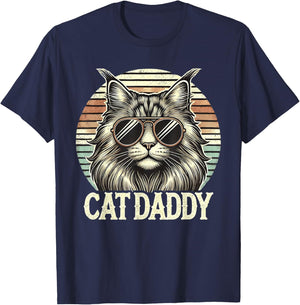 Cat Daddy Cool Maine Coon Cat Father's Day Retro Cat Dad T-Shirt - T-Shirt | Navy