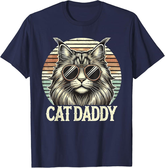 Cat Daddy Cool Maine Coon Cat Father's Day Retro Cat Dad T-Shirt - T-Shirt | Navy