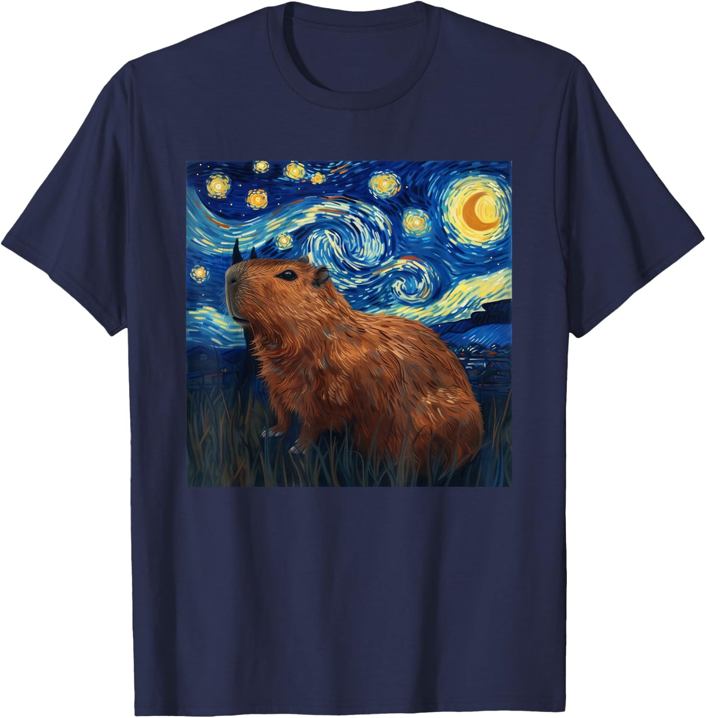 Capybara Van Gogh Style Starry Night T-Shirt - T-Shirt | Navy