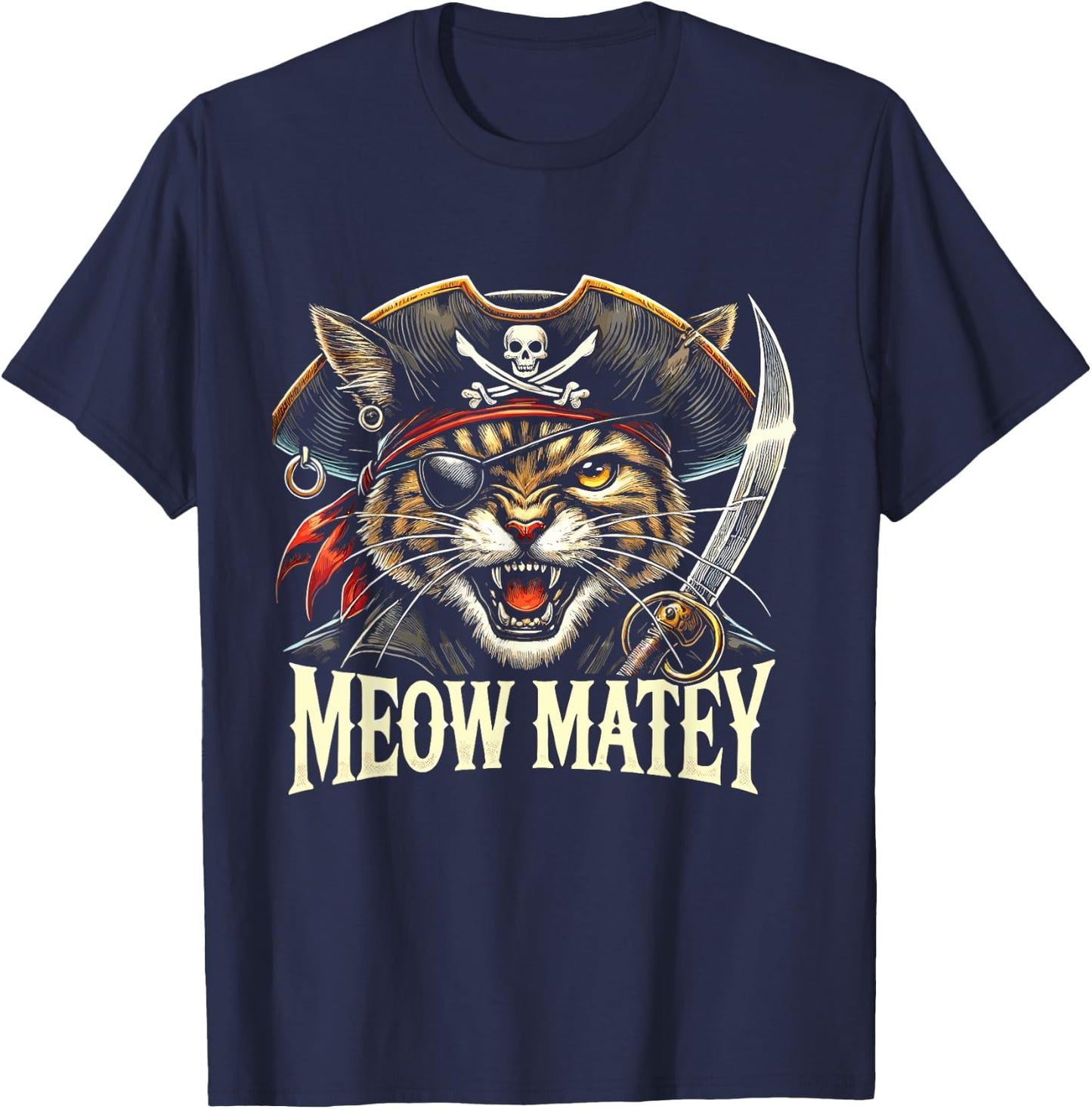 Meow Matey Pirate Cat Halloween T-Shirt - T-Shirt | Navy