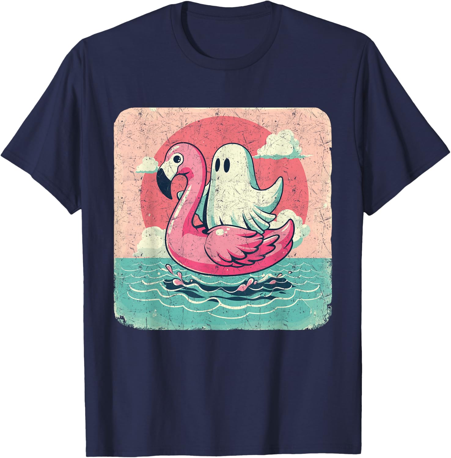 Funny Pool Vintage Ghost On A Pink Flamingo Summer Halloween Men Women T-Shirt - T-Shirt | Navy