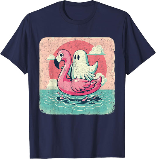 Funny Pool Vintage Ghost On A Pink Flamingo Summer Halloween Men Women T-Shirt - T-Shirt | Navy