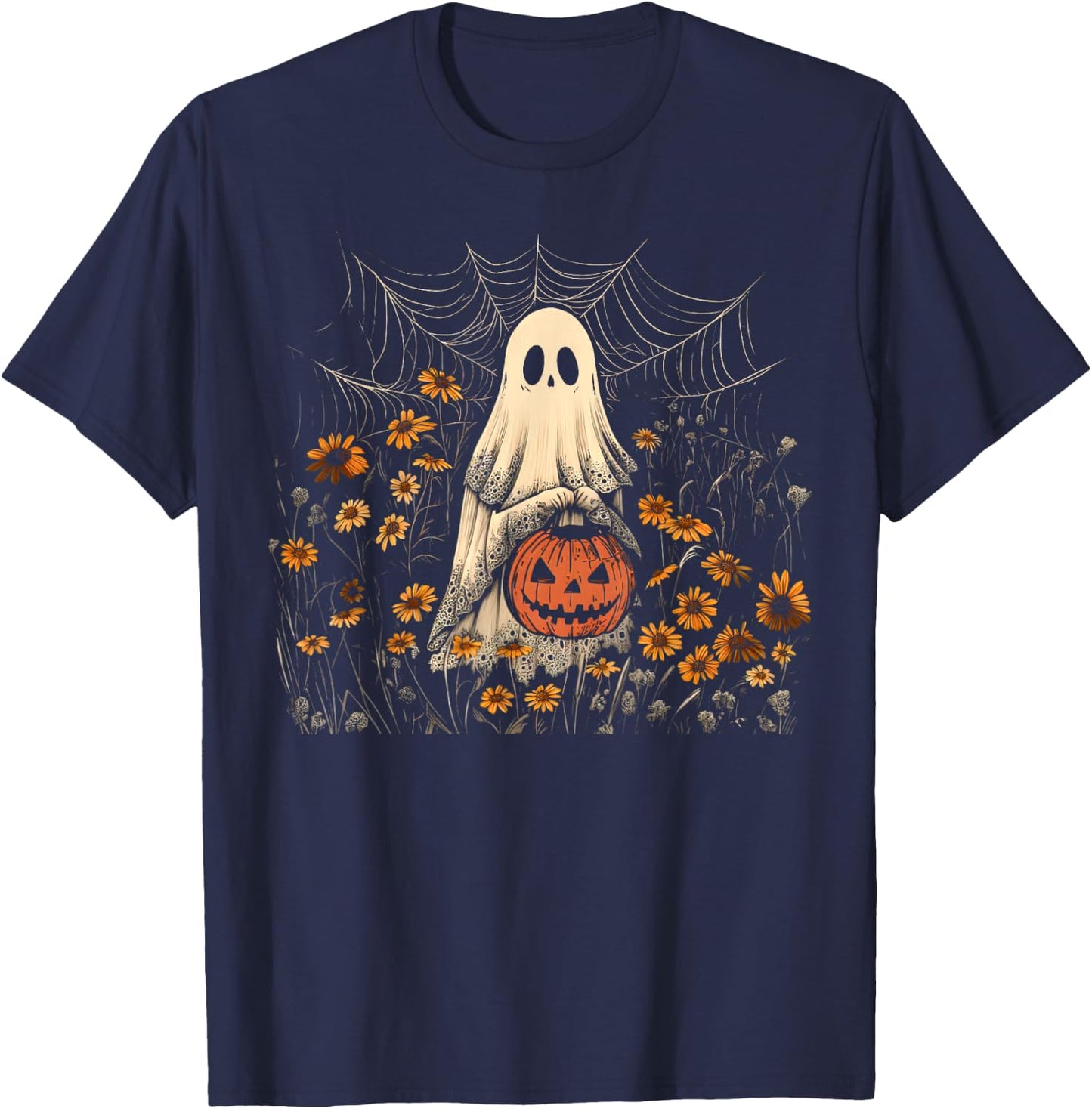 Retro Floral Lace Ghost Pumpkin Spooky Halloween Girls Women T-Shirt - T-Shirt | Navy