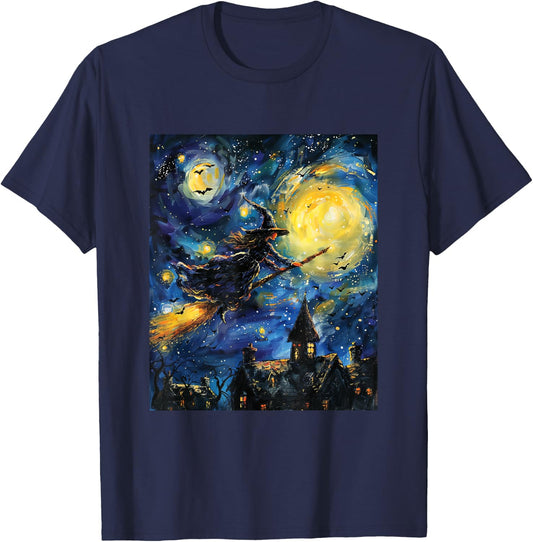 Witch Halloween - Van Gogh Style - Starry Night T-Shirt - T-Shirt | Navy