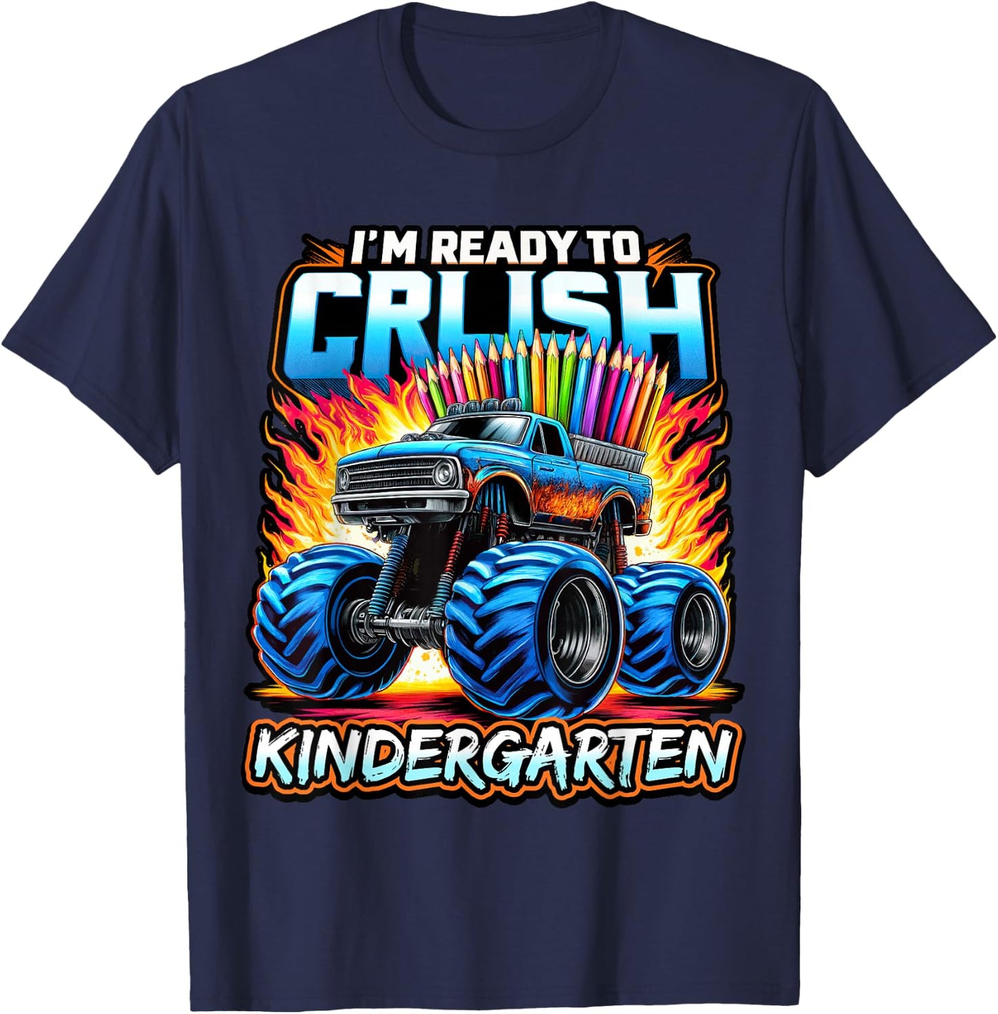 Back to School Kindergarten Monster Truck Ready to Crush Boy T-Shirt - T-Shirt | Navy