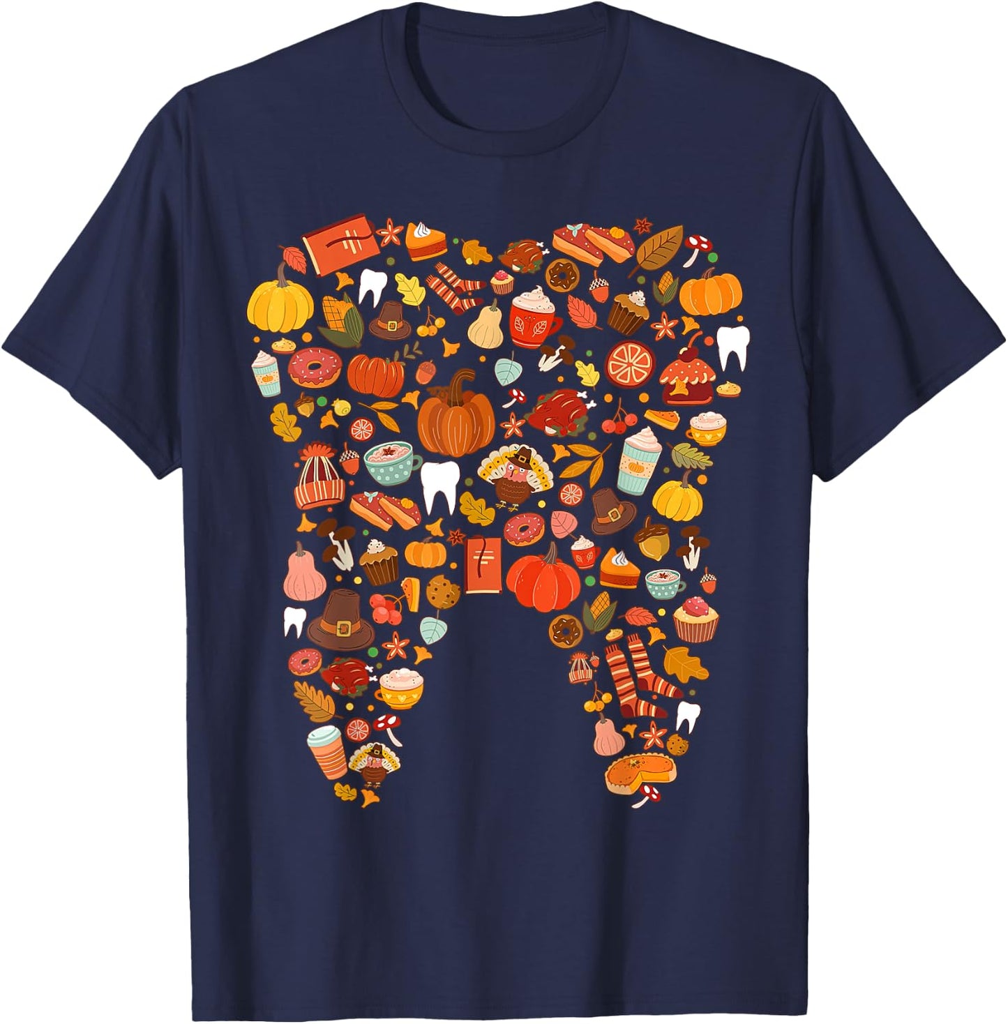 Teeth Doodles Pumpkin Fall Dental Hygienist Autumn Season T-Shirt - T-Shirt | Navy