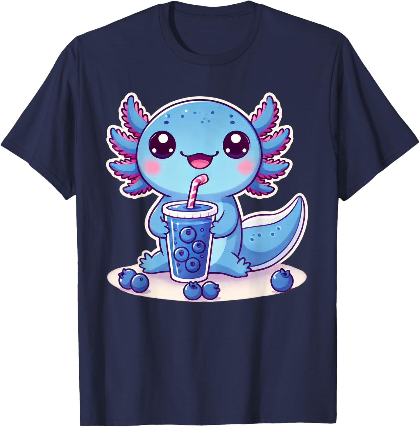Kawaii Axolotl Blueberry Smoothie T-Shirt - T-Shirt | Navy