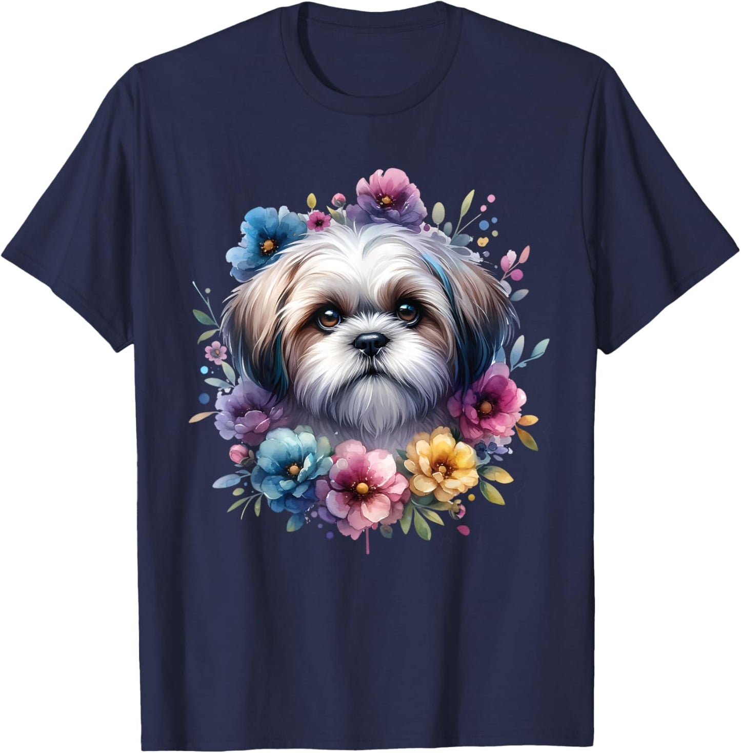 Watercolor Floral Shih Tzu Mama Dog Lovers Mother's Day T-Shirt - T-Shirt | Navy