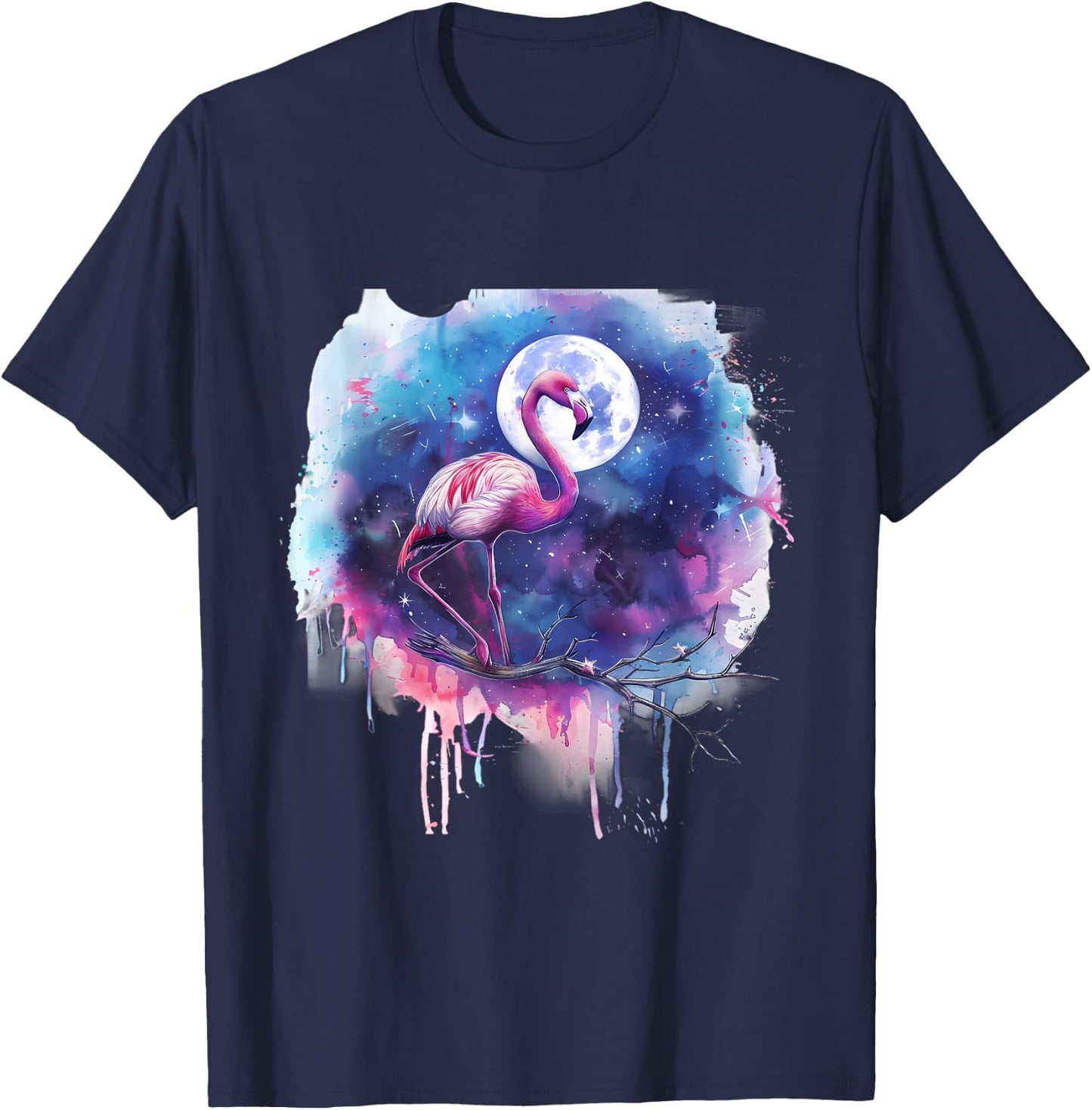 Pink Flamingo Bird Moon Wildlife Flamingo Lover Artwork T-Shirt - T-Shirt | Navy