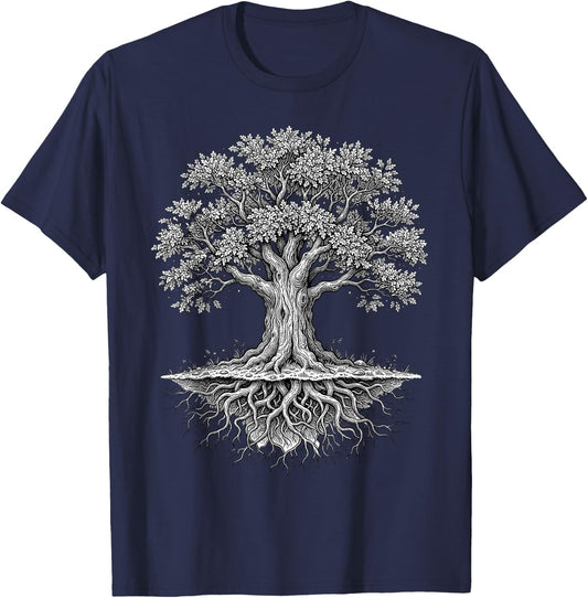 Classic Oak Tree Life Roots Nature Aesthetic Graphic Vintage T-Shirt - T-Shirt | Navy
