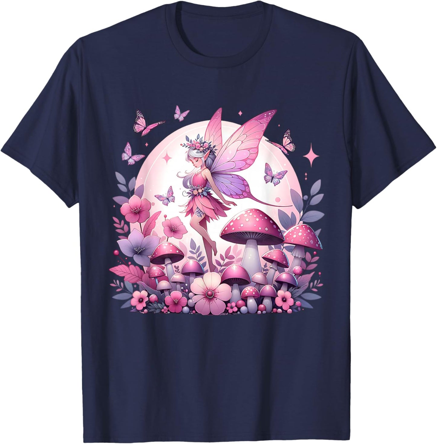 Enchanted Forest Fantasy Fairy Mystical Butterfly & Floral T-Shirt - T-Shirt | Navy