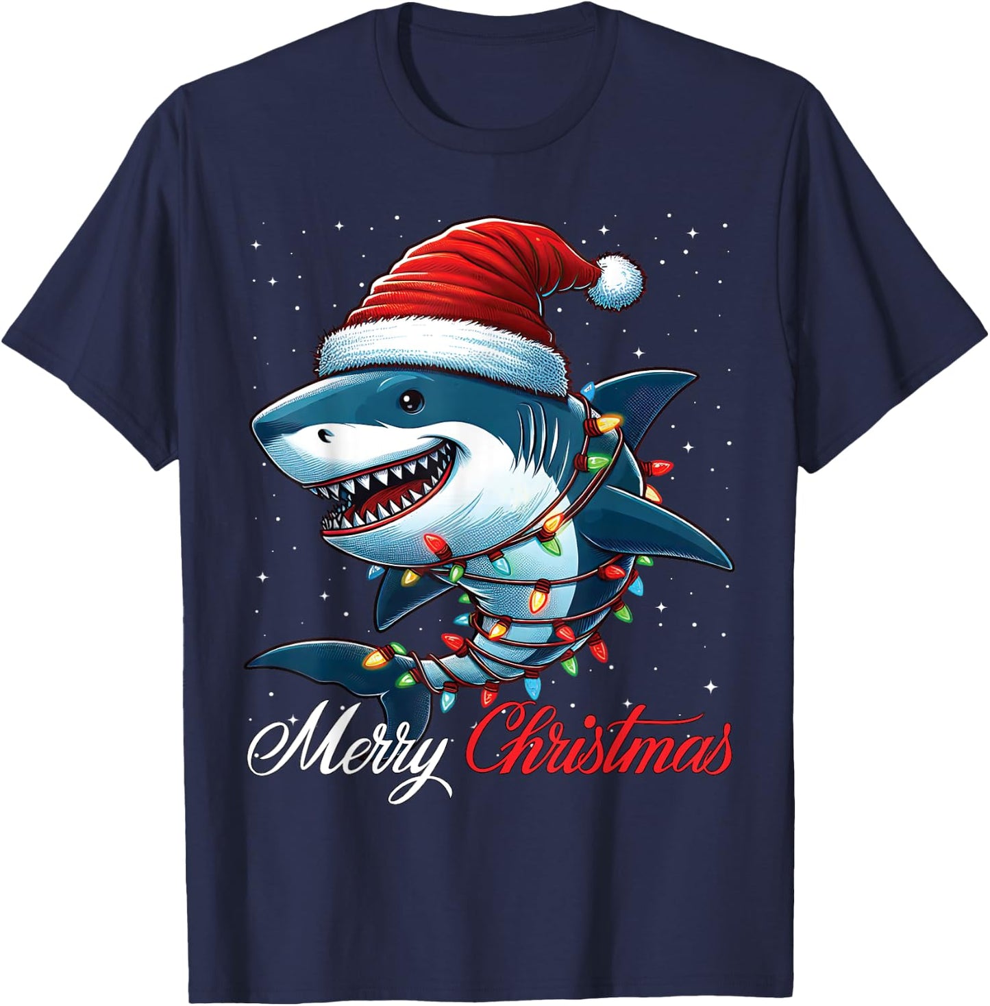 Shark Santa Hat Merry Christmas Lights Xmas Snow T-Shirt - T-Shirt | Navy
