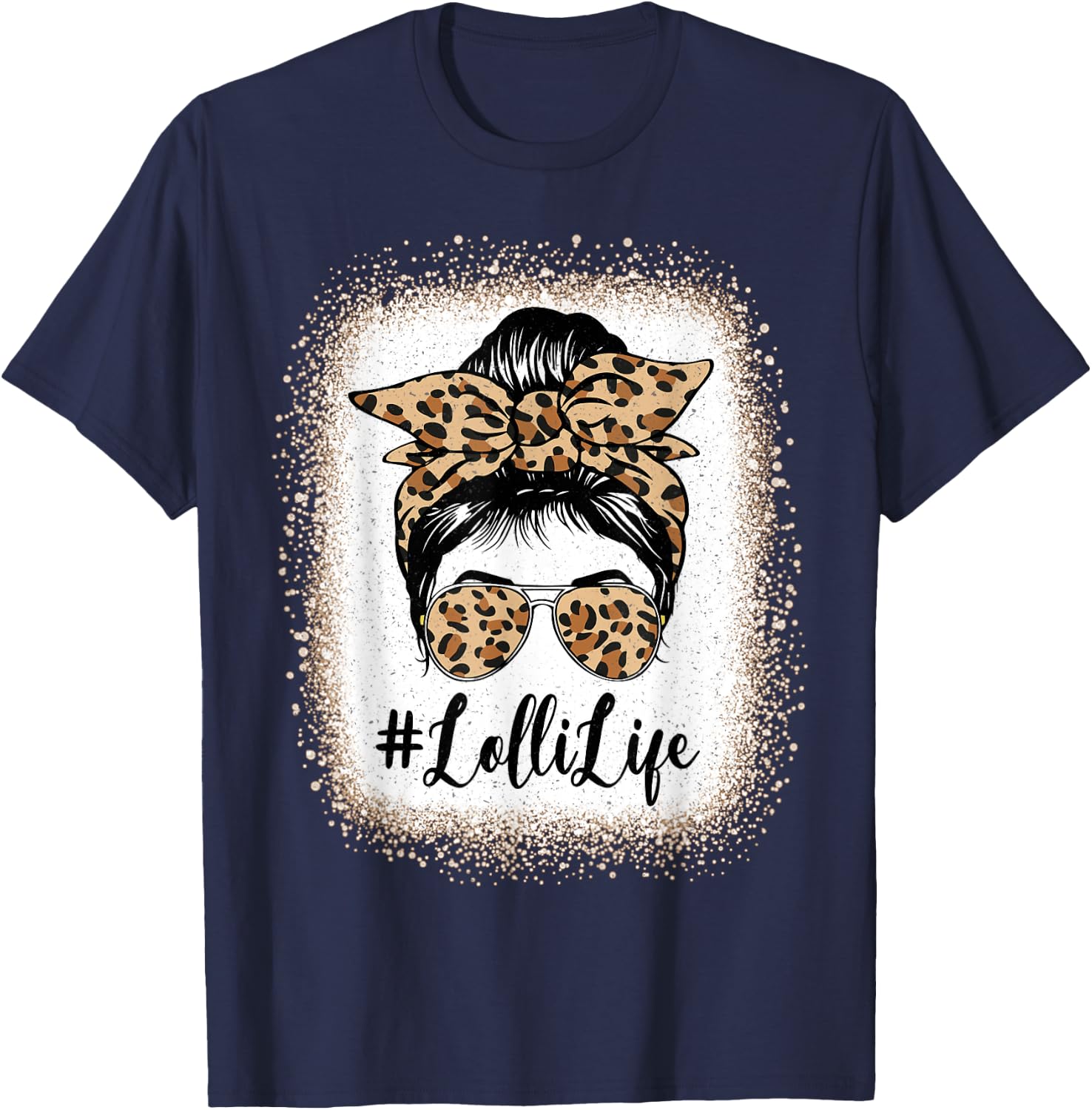 Lolli Life Bleached Leopard Messy Bun Mother's day T-Shirt - T-Shirt | Navy