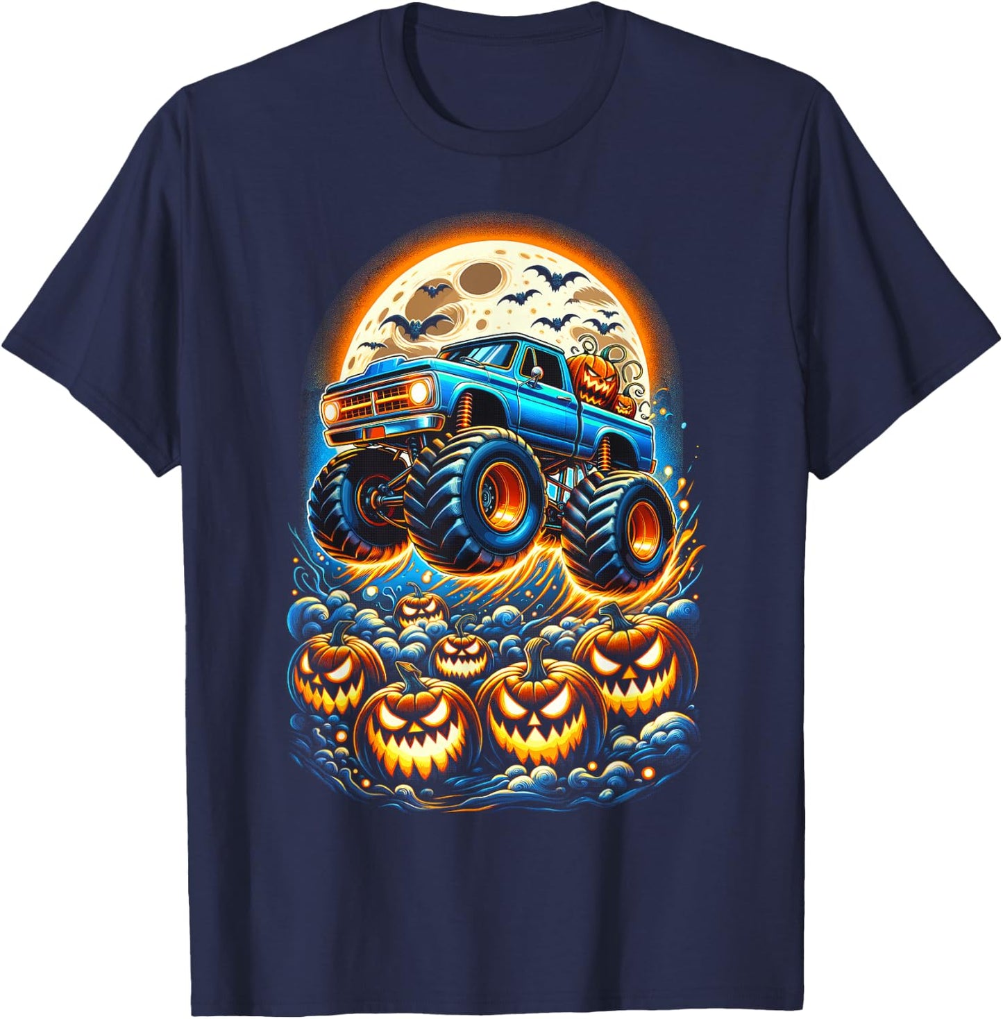 Halloween Monster Truck Jack O Lantern Boy Trick Treat T-Shirt - T-Shirt | Navy