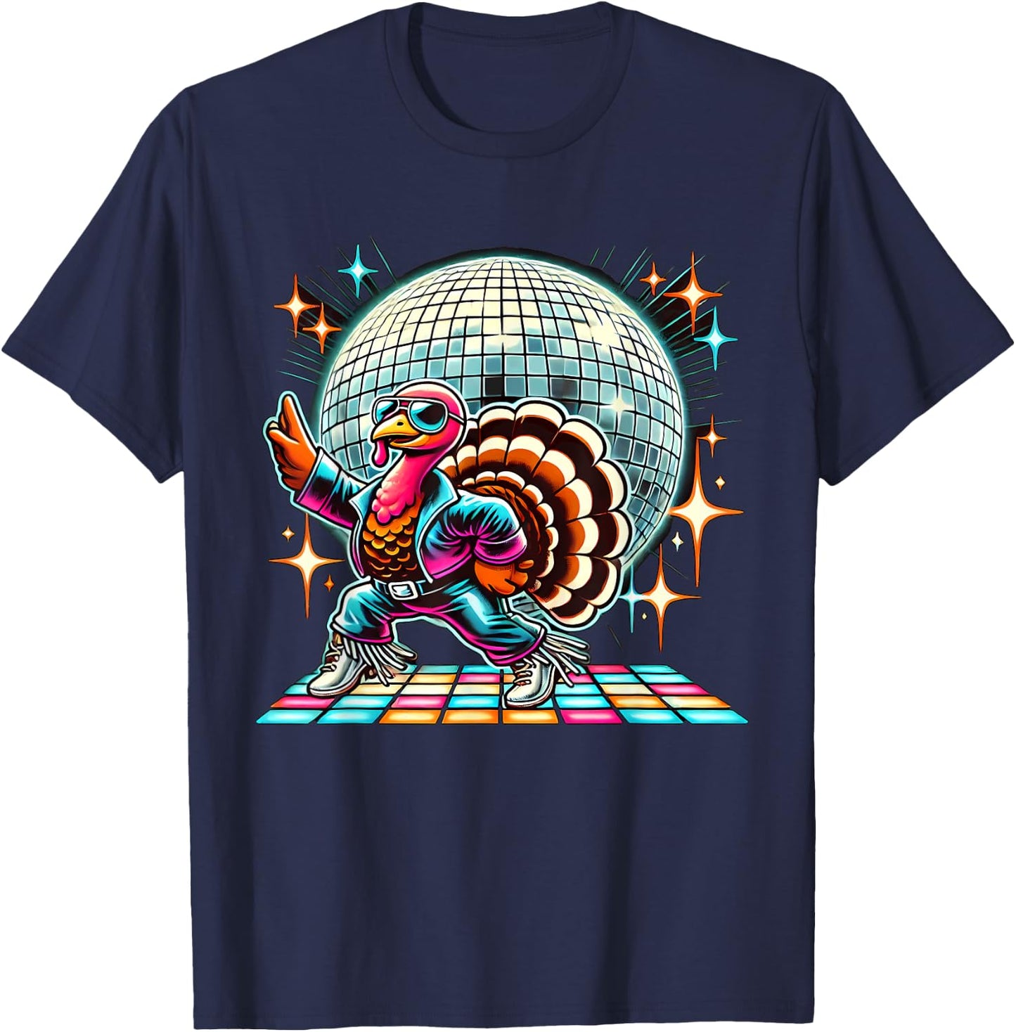 Disco Turkey Halloween -Adult Black Cartoon Turkey Disco Small Straight Short Sleeve T-Shirt - T-Shirt | Navy