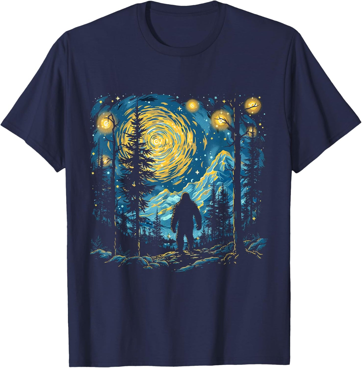 Funny Bigfoot Starry Night Sasquatch Van Gogh Sky Painting T-Shirt - T-Shirt | Navy
