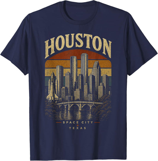 Houston Texas Skyline Space City Retro Vintage Design T-Shirt - T-Shirt | Navy