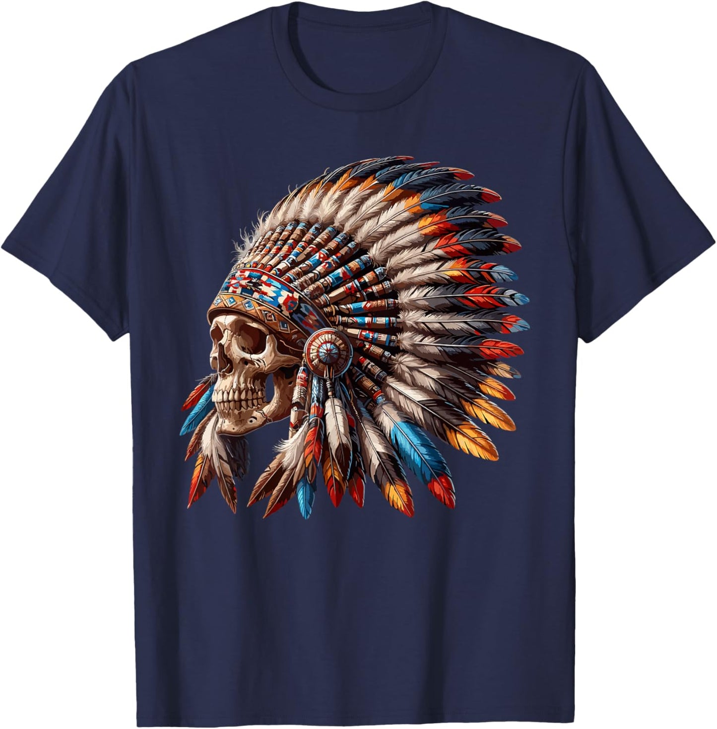 Native American Indian Chief Skull Motorcycle Headdress T-Shirt - T-Shirt | Navy
